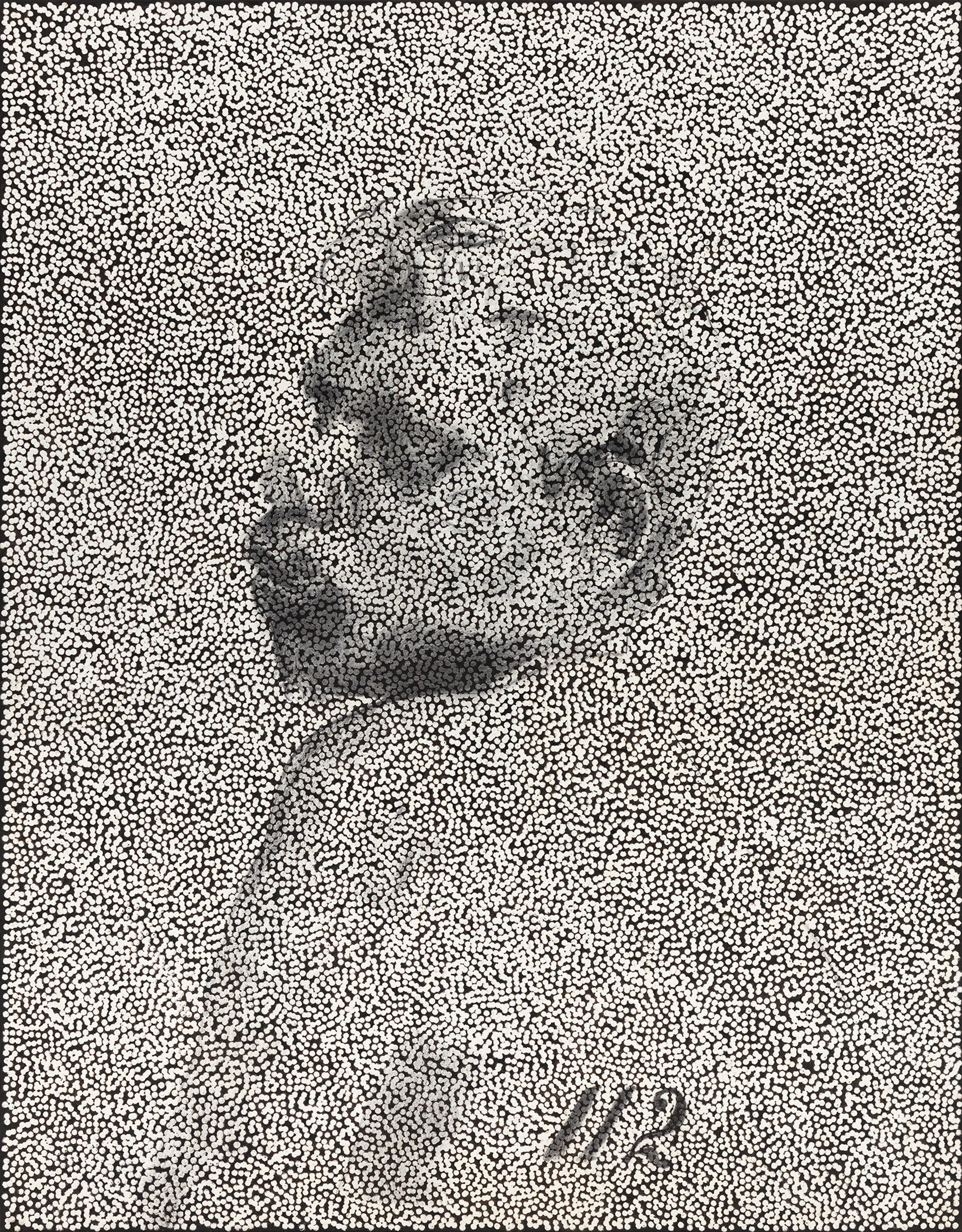 Profile of a man's face formed by dense, wavy black lines on a textured, light background. The number 112 is visible in the lower-right corner.