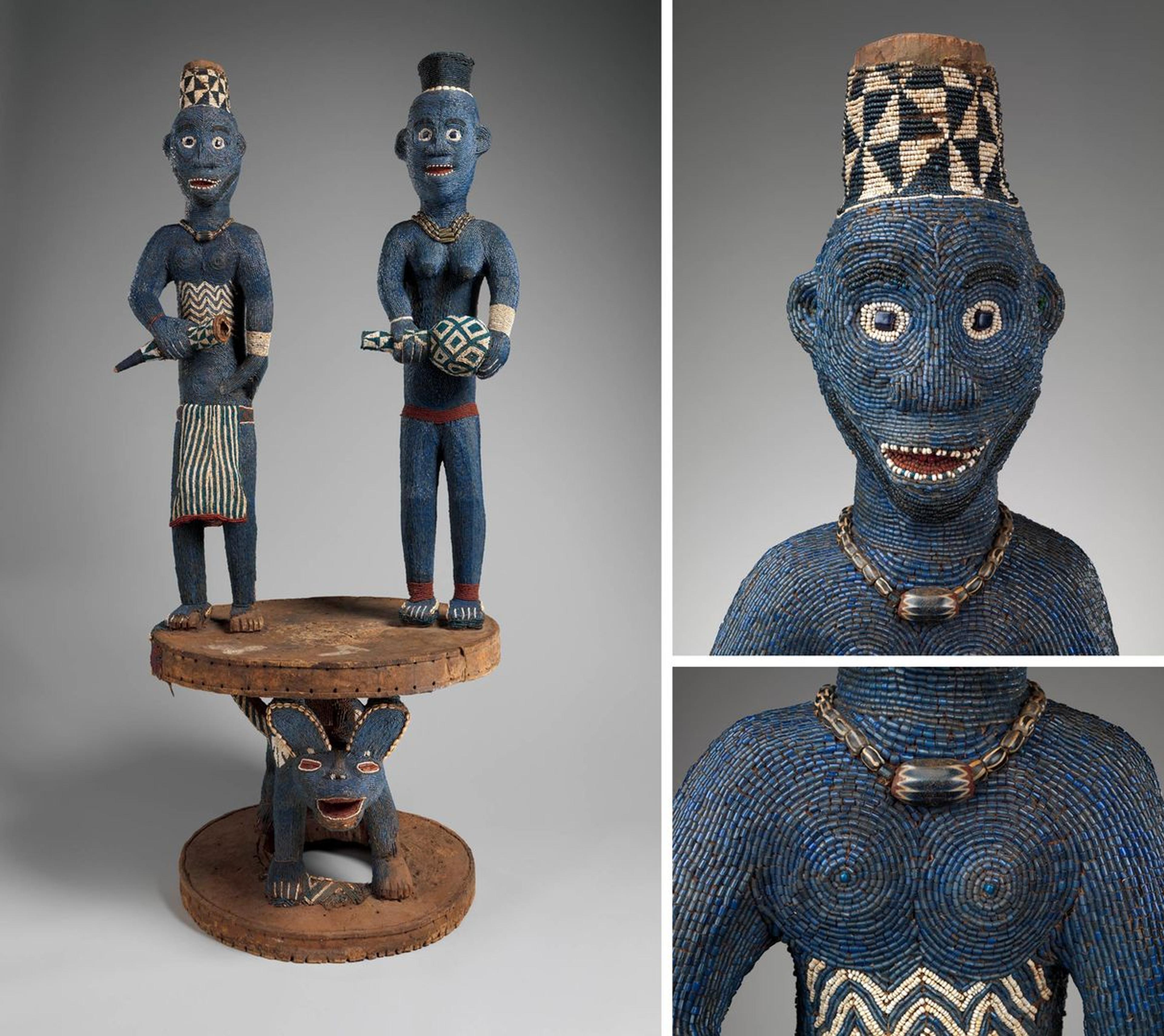 A spectacular sculpture made of wood and glass beads depicting a royal couple enthroned