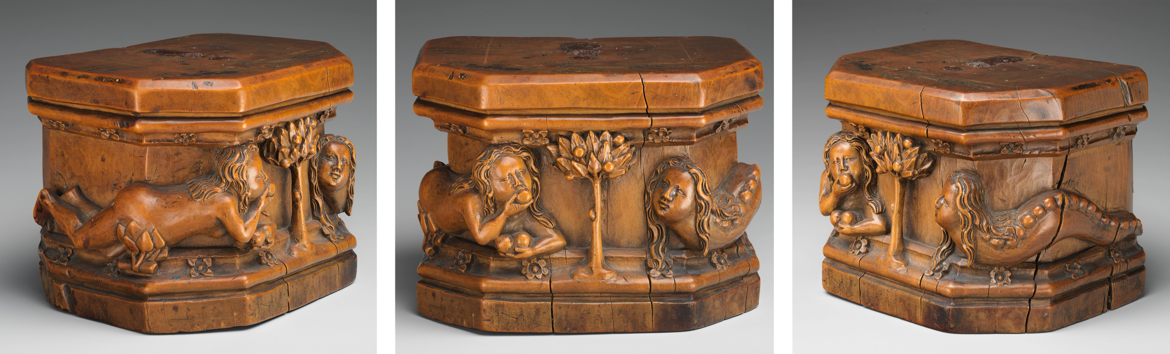 Three views of a carved wooden base showing a woman and serpentine figure on either side of a fruit tree.