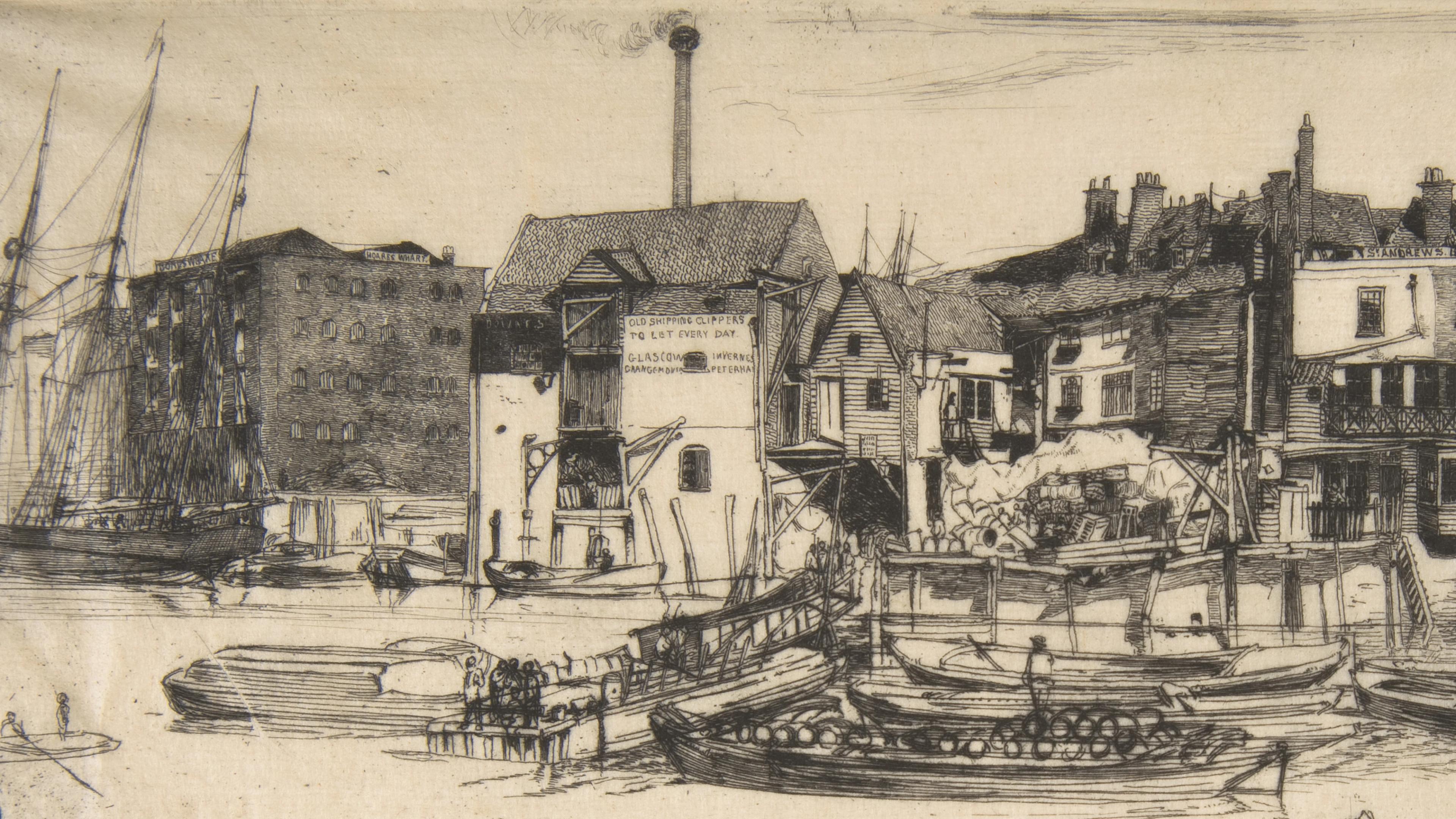 Detail of a James McNeill Whistler etching showing a building located next to a wharf.