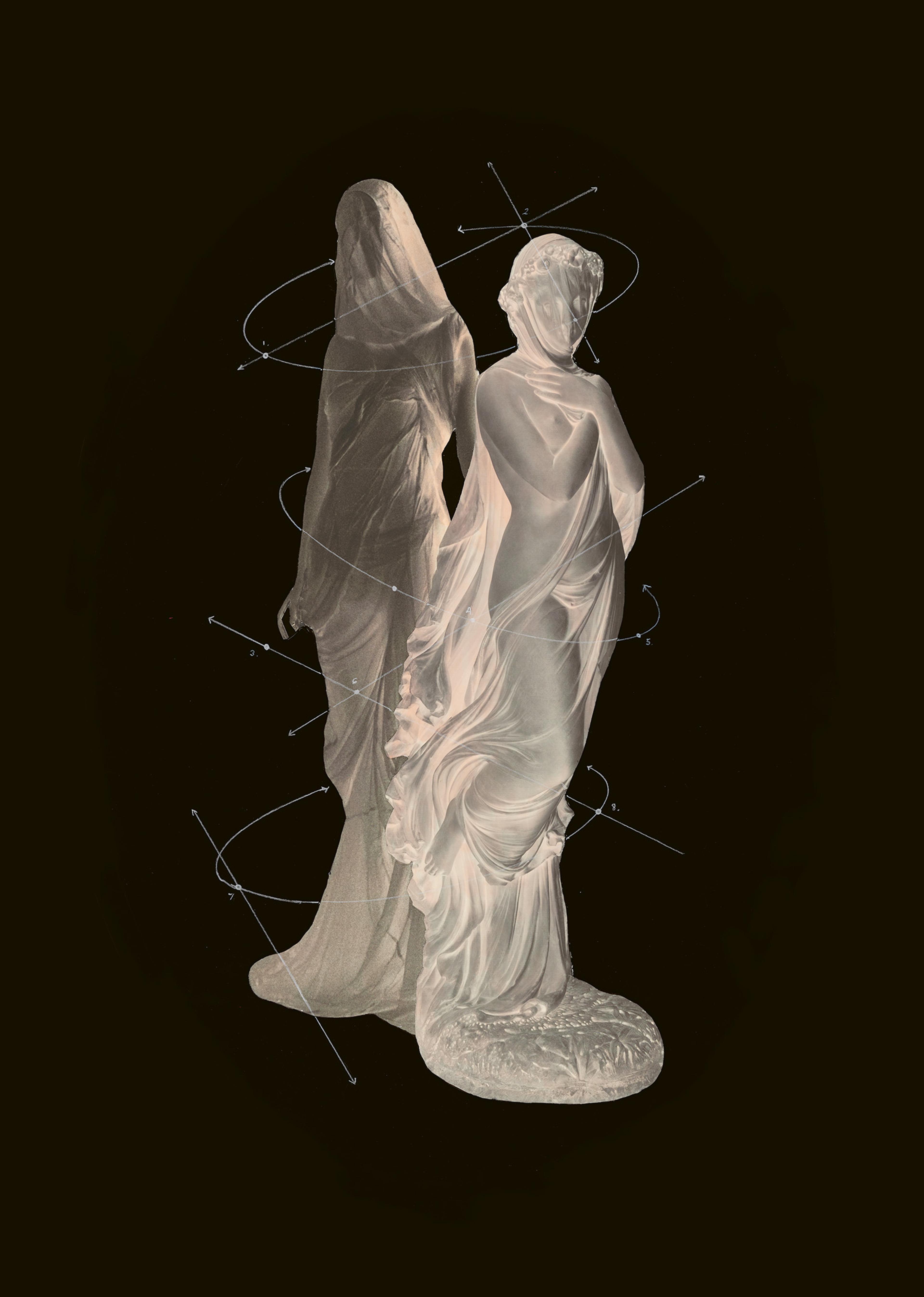 Two stone statues of draped figures stand against a dark background. Delicate orbit lines encircle them.