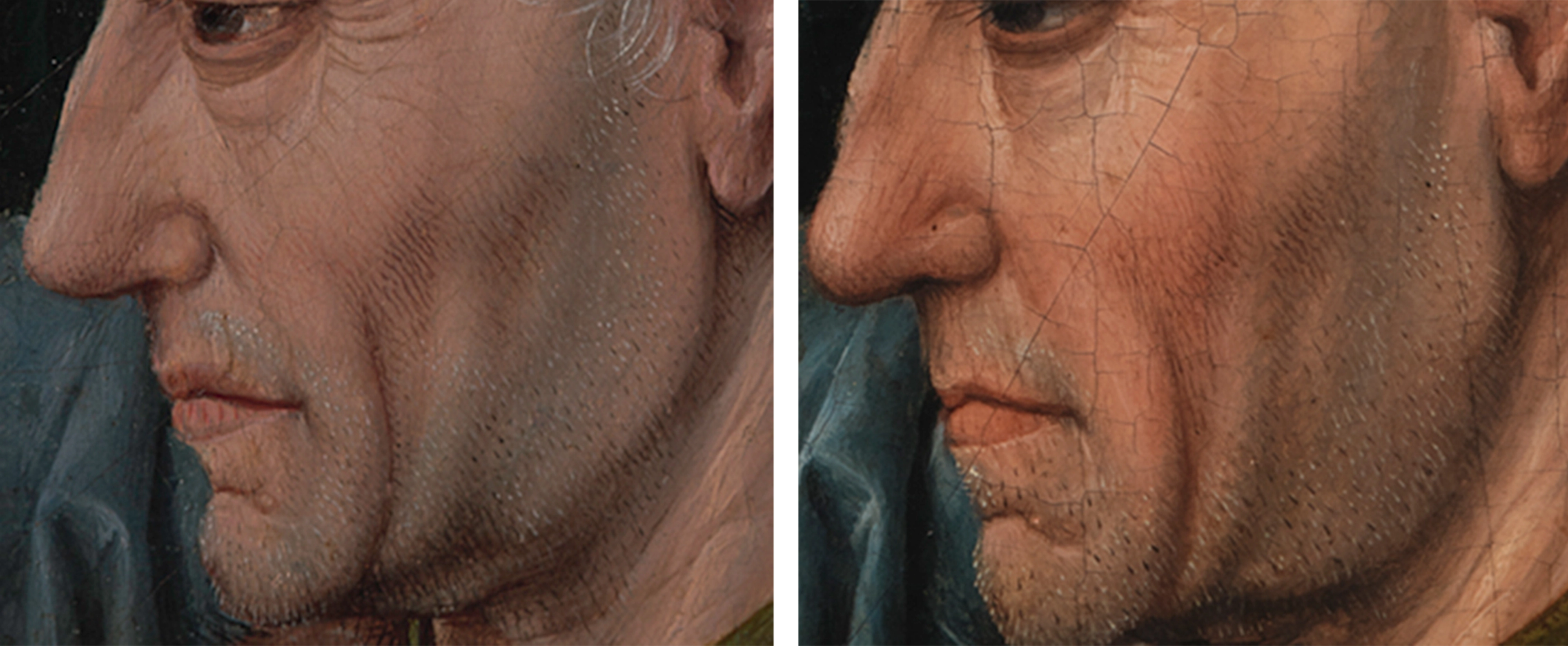 Diptych showing a detail of the oldest king from The Met's Adoration of the Magi at left, and the Copenhagen panel's ox at right