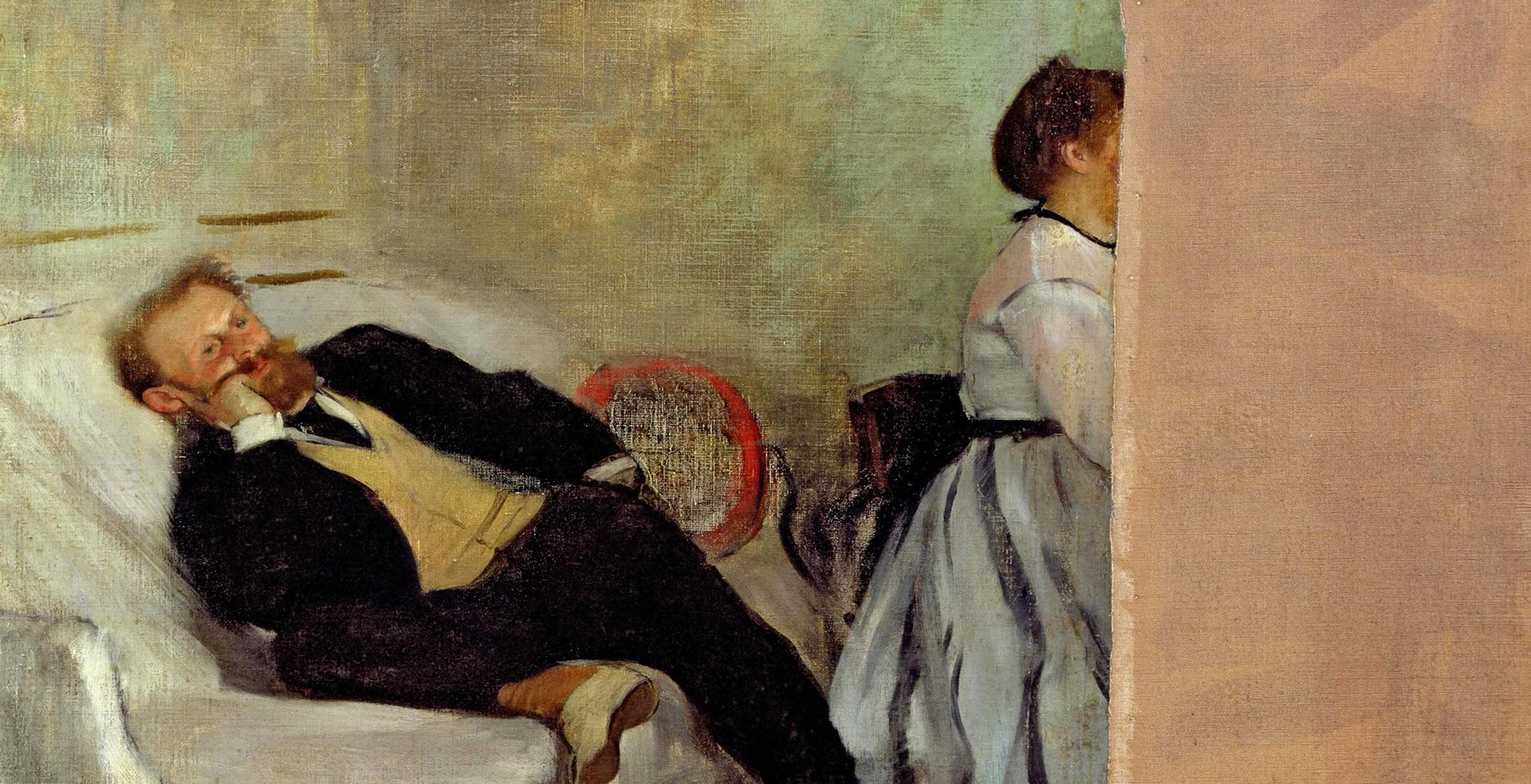 Detail of Edgar Degas's "Monsieur and Madame Édouard Manet," with Edouard Manet lounging on his couch and his wife Suzanne at the piano. The painting has been cut in half vertically at Suzanne's face.