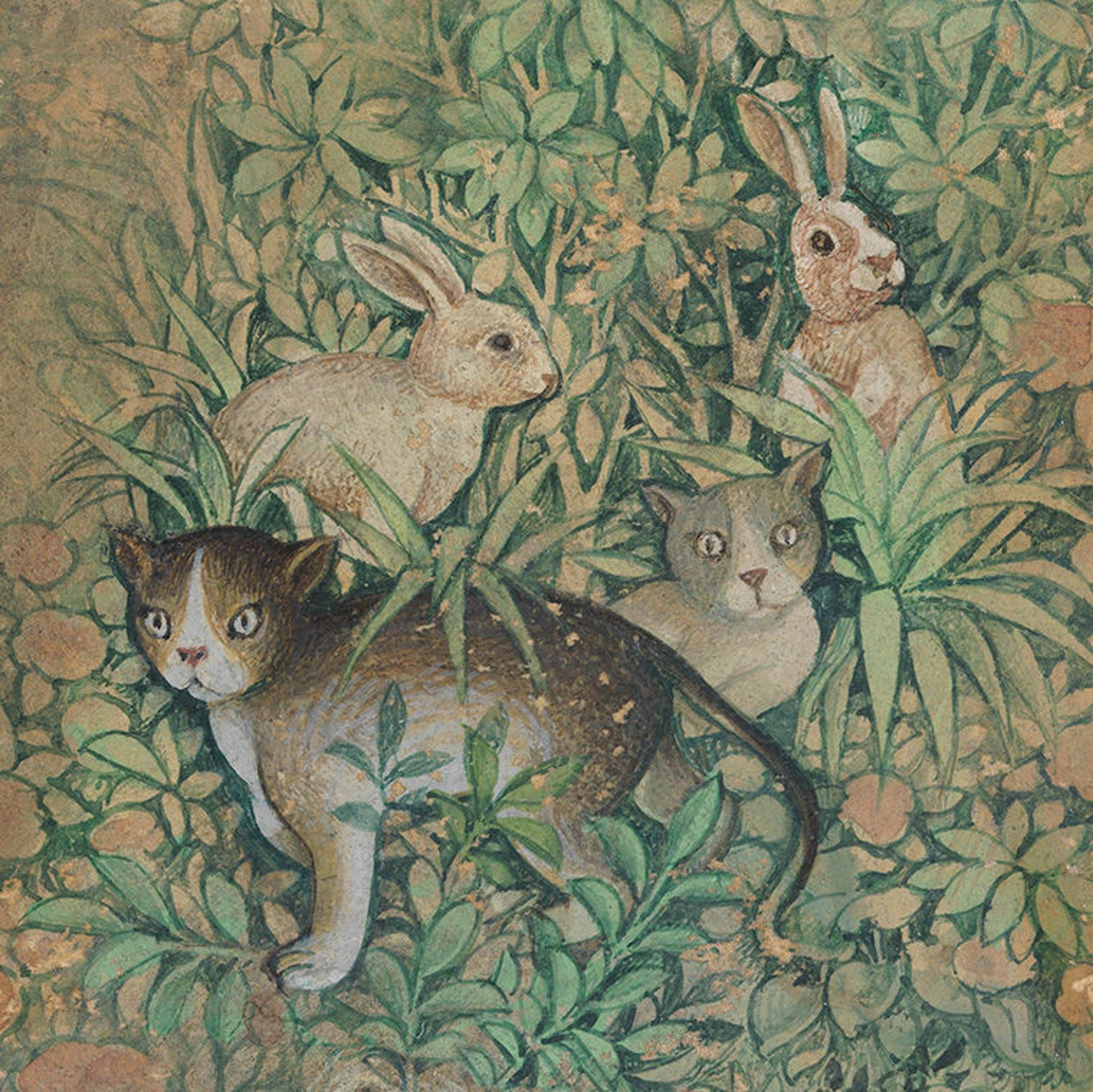 Detail of a calligraphic composition showing peacocks, chickens, cats, and rabbits in an Edenic landscape