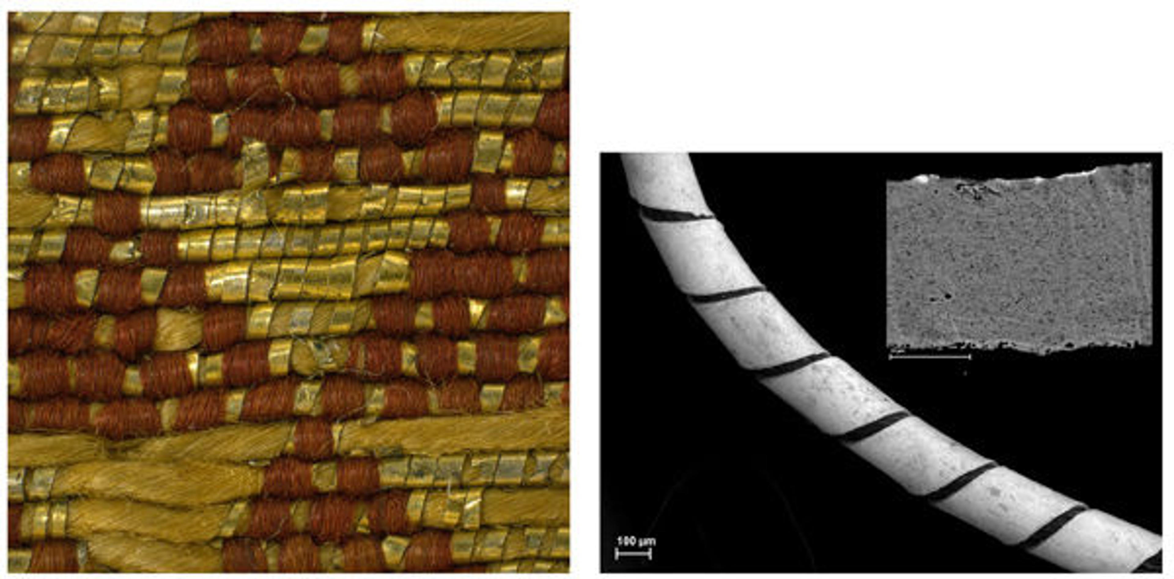 Fig. 2 a, b. Detail of the floor geometric pattern (magnified 2x) and detail of the gilt–silver metal thread, from Saint Martin Offering the Wine Cup to the Priest (1975.1.1907)