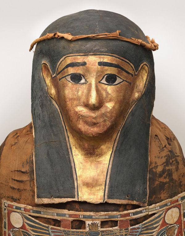 Detail of the mummy of Nesmin with mummy mask. The Metropolitan Museum of Art, New York, Funds from various donors, 1886 (86.1.51)