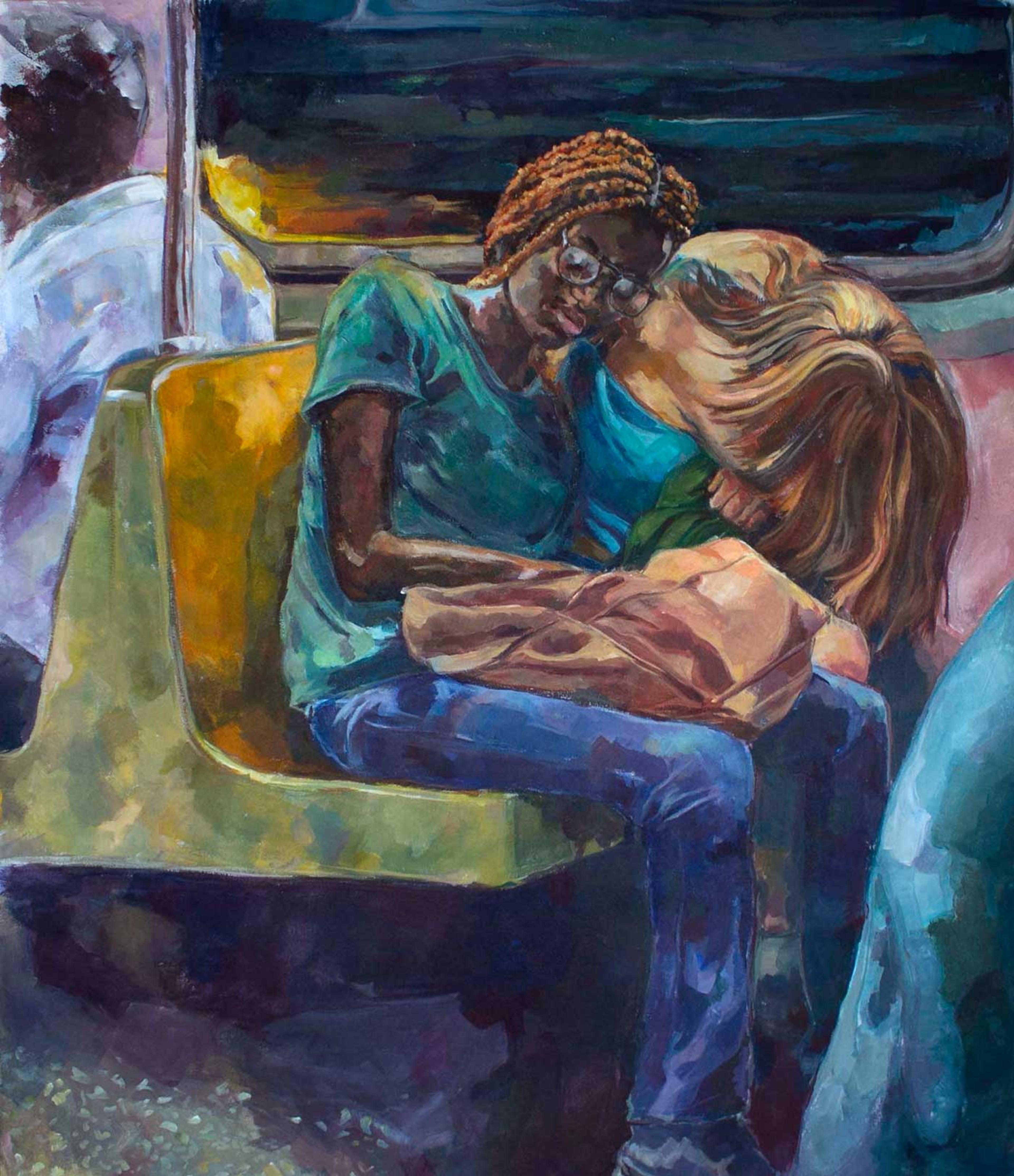 Painting of two young women asleep on the train.