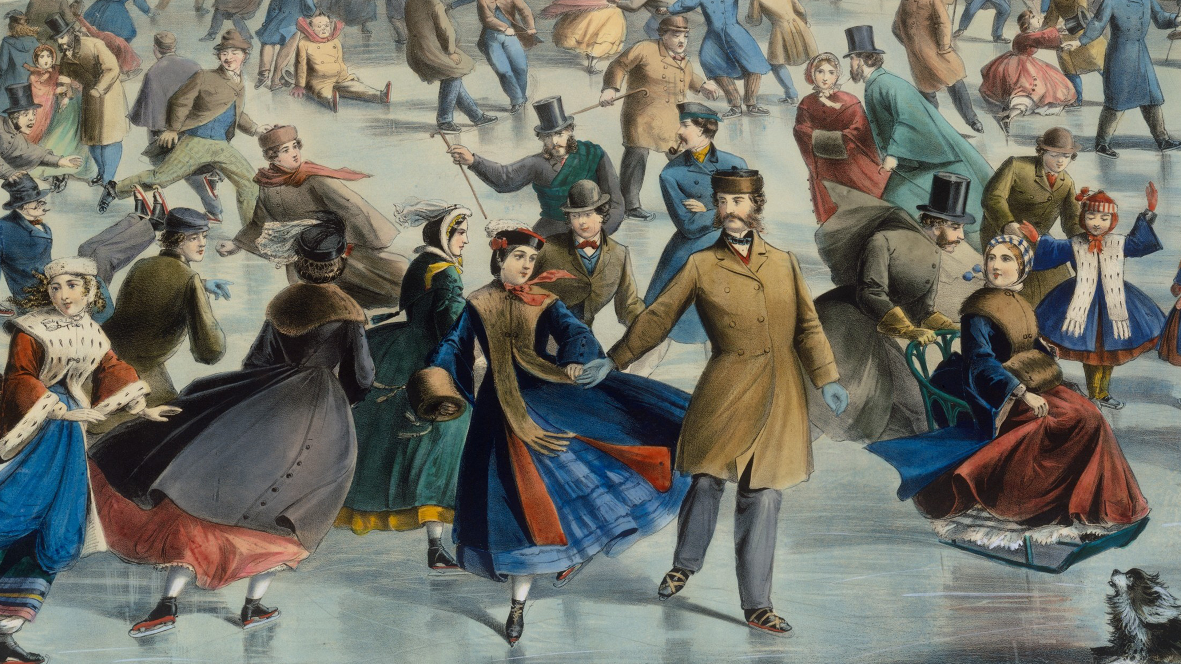 A 19th-century color print featuring ice skaters in Central Park