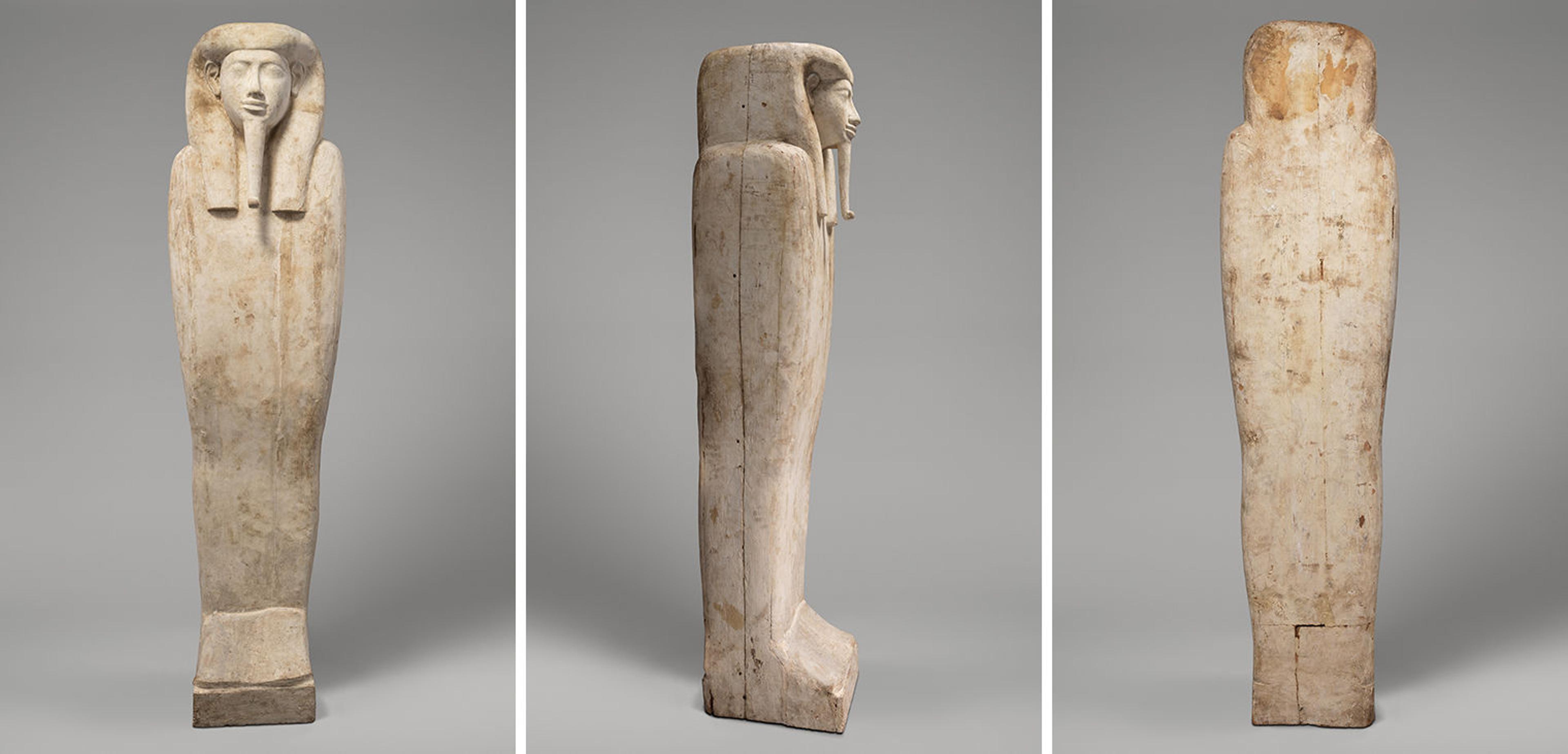 Three images, front, side, and back, of an anthropoid coffin painted white, with a long wig, long beard, and pedestal