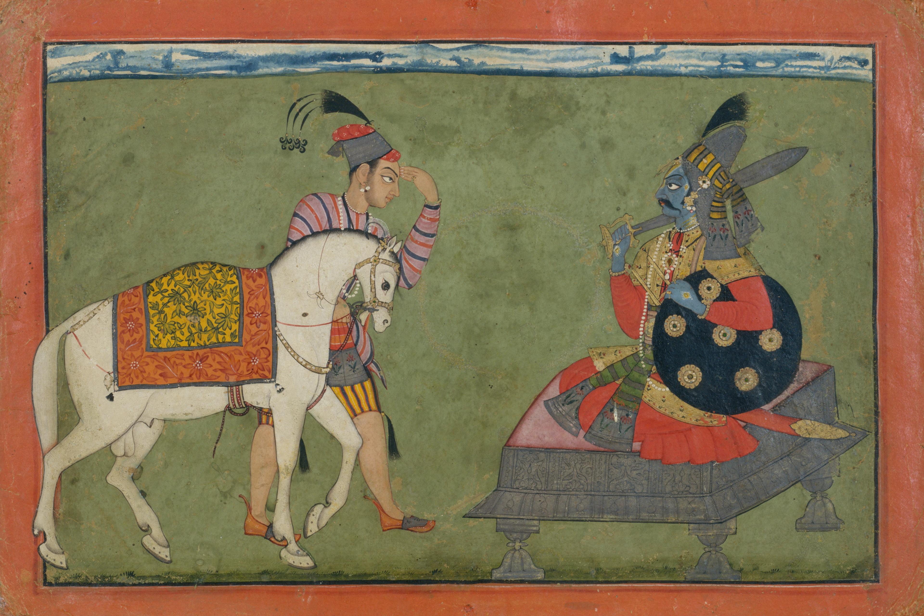 Painting showing a man leading a white horse, gesturing in acknowledging toward the blue-skin warrior Vishnu at right