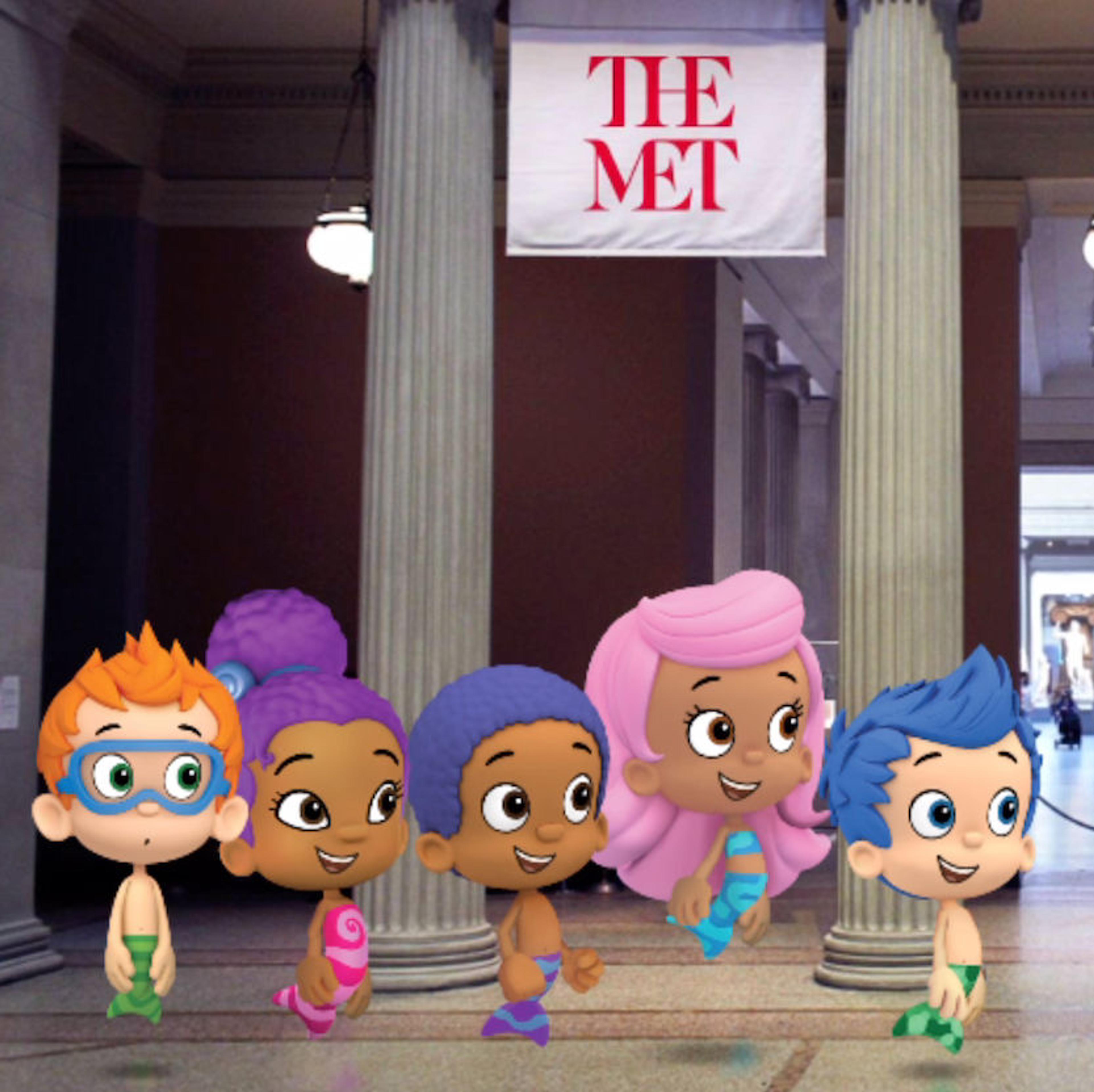 Characters from the Bubble Guppies float in front of an artwork on an easel