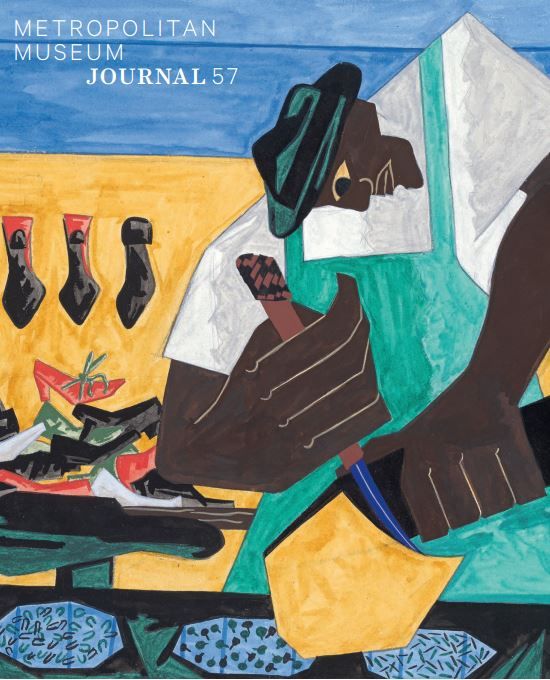 A journal cover featuring an abstracted representation of a Black shoemaker, carefully looking over his work process by Jacob Lawrence.