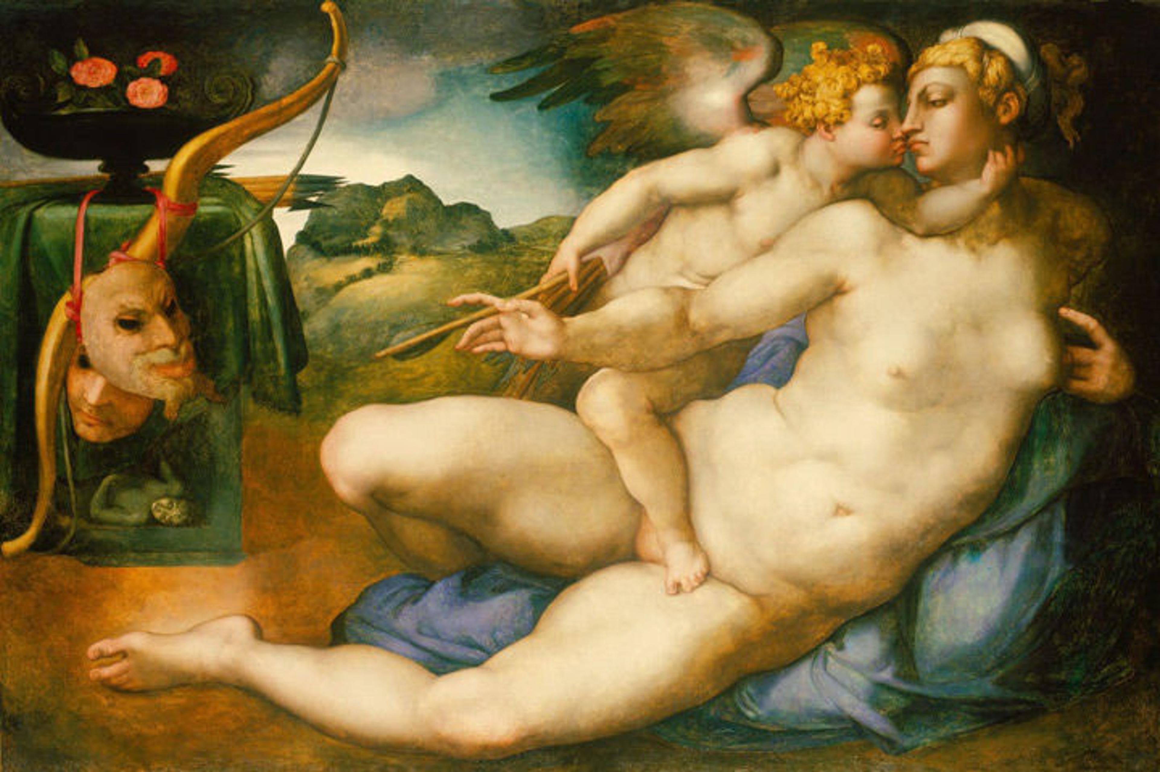 An oil painting by Giorgio Vasari, 'Venus Kissed by Cupid,' after a cartoon by Michelangelo