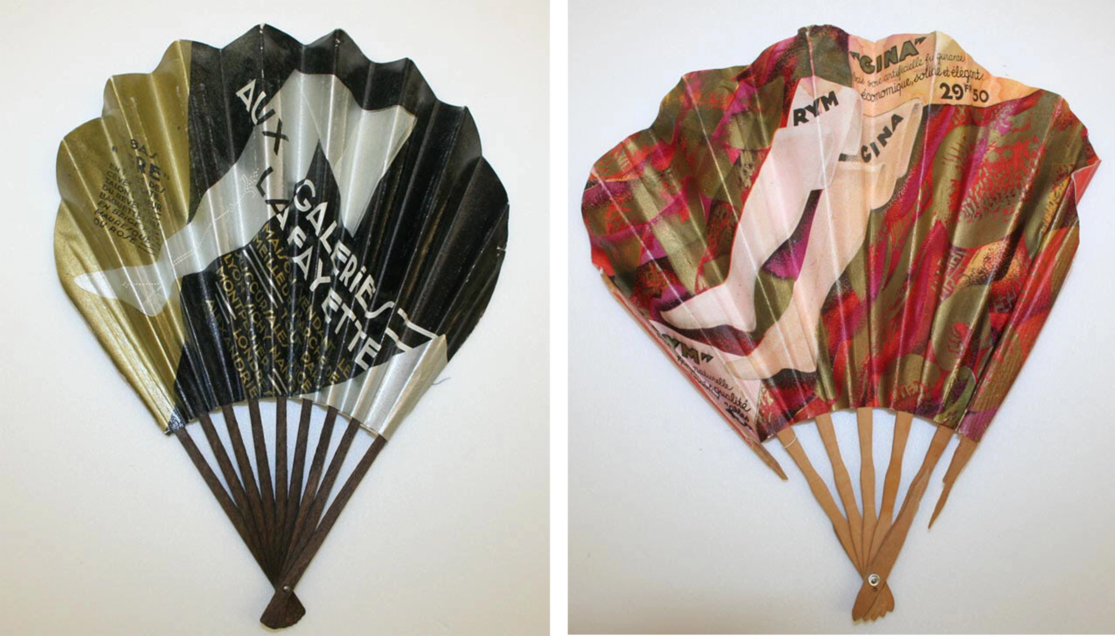 Two fans showing white-stockinged women's legs.