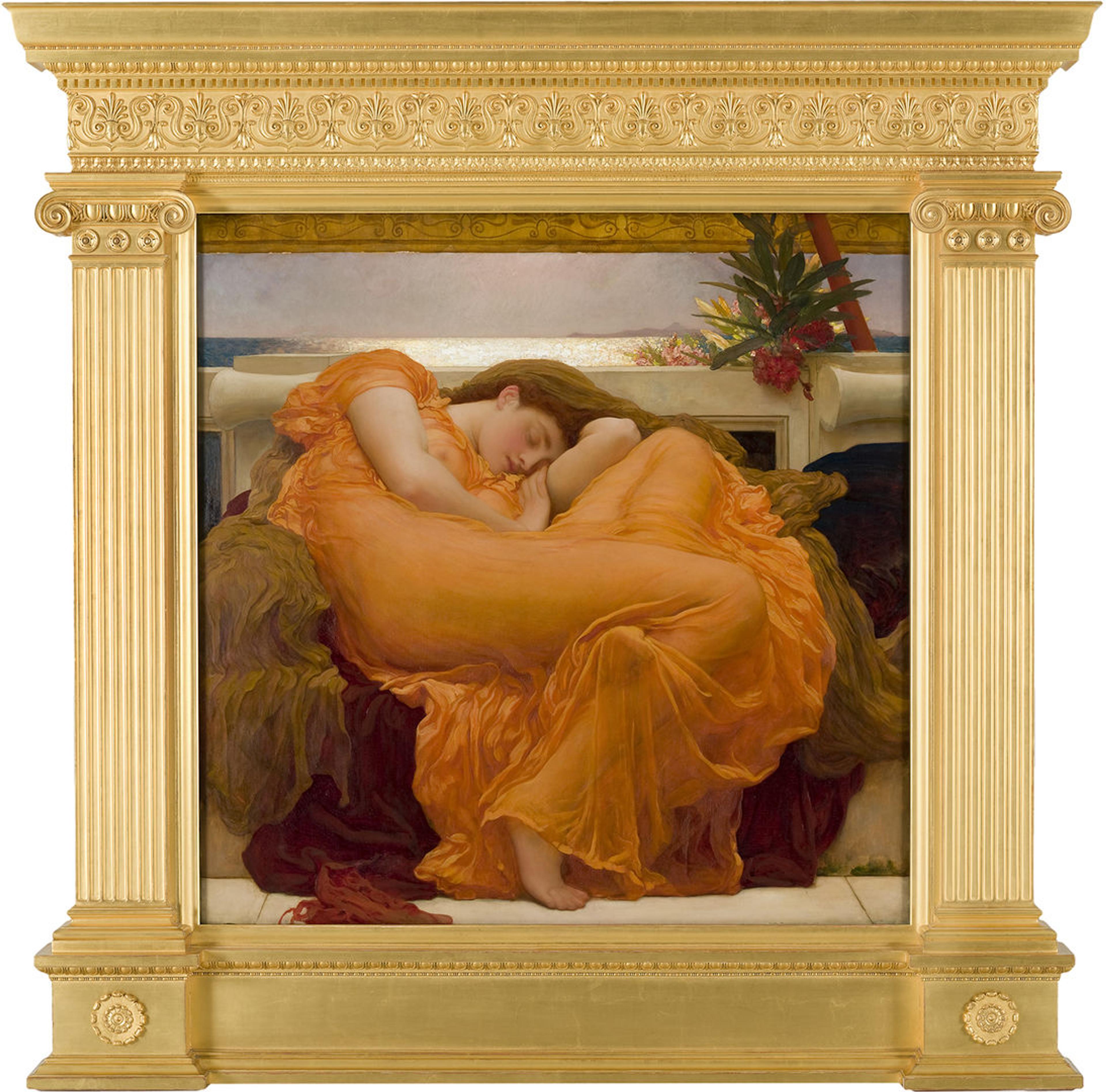 realistic painting of a white women with reddish hair sleeping in a curled up position on a large comfortable looking surface that has maroon red and brown clothe on it. The women is wearing a broad orange dress that is fairly transparent so the outline of her body is prominent. Behind her is a wall and behind that wall is a sunlit reflective body of water with a clear sky. A bright red flower creeps above the wall right above her. It is in a large and ornate frame.
