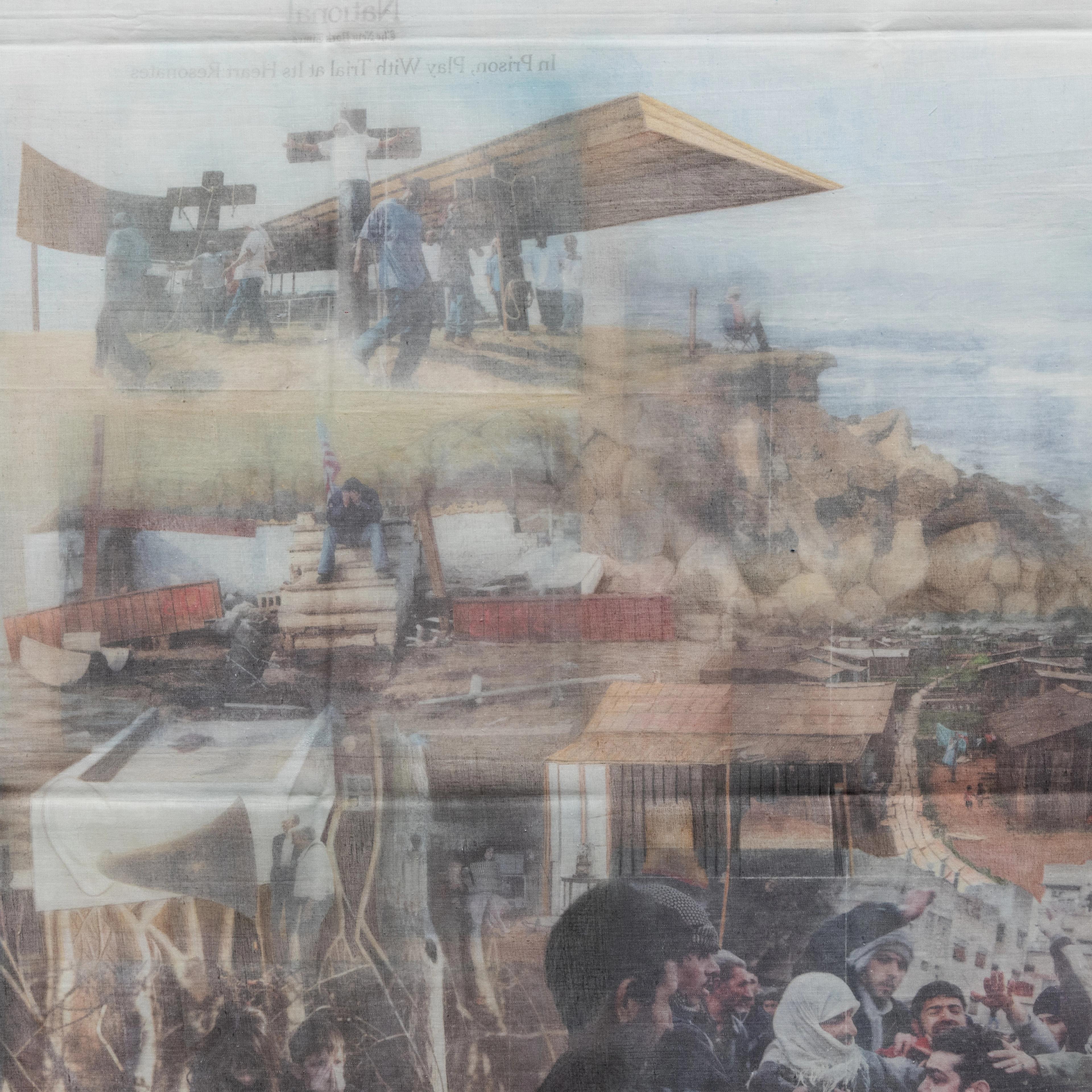 A collage of blurred images depicts people in various settings, with groups standing near structures and rocky landscapes. The mood is contemplative and somber.