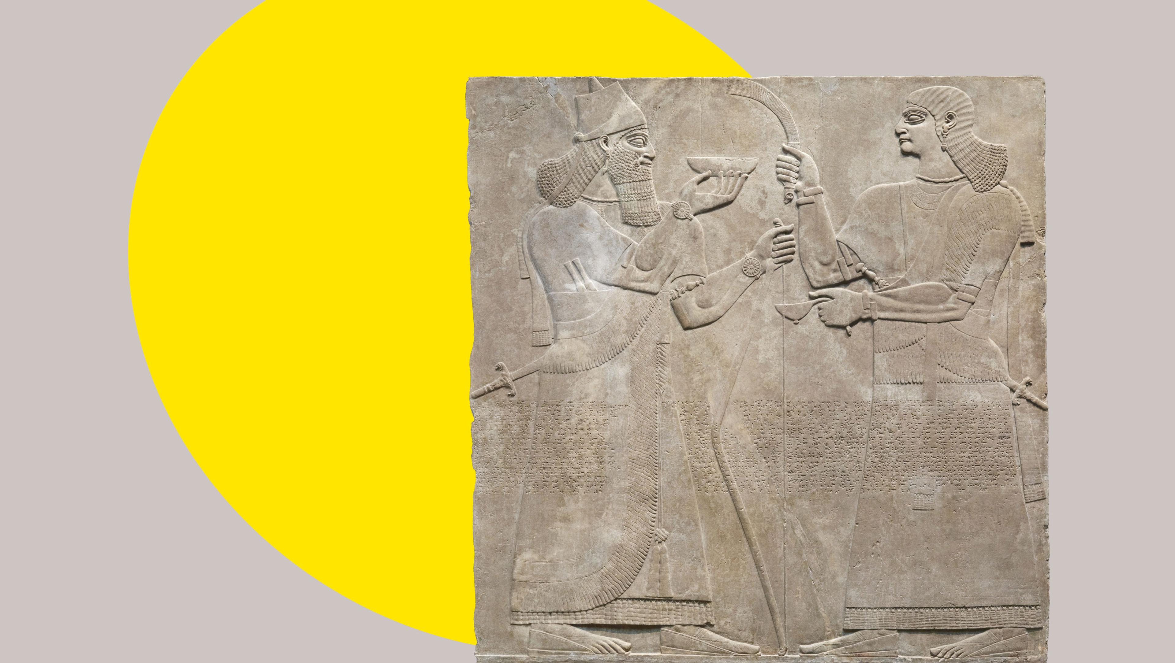 Limestone Assyrian relief with a low-relief carving of two men bearing gifts