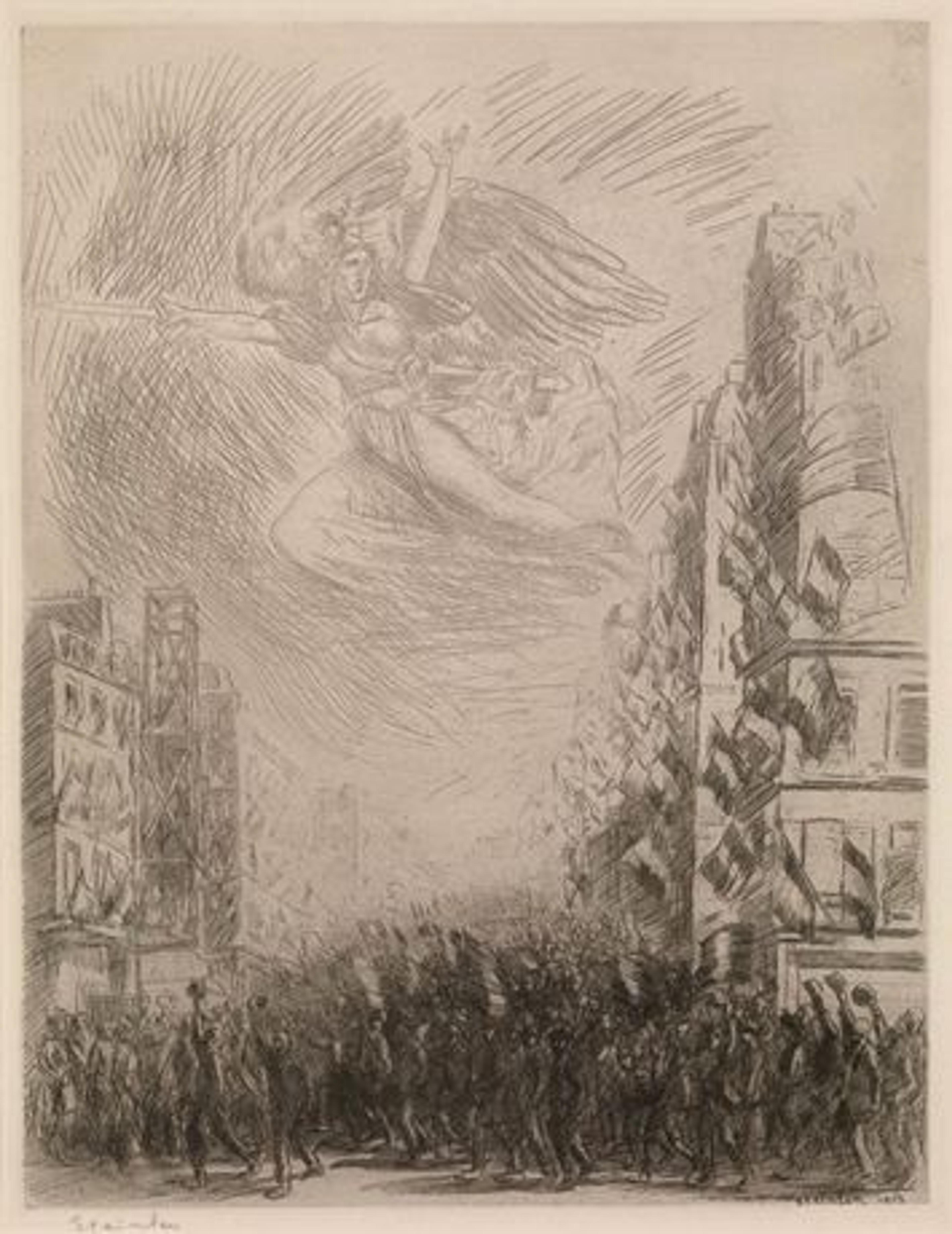 Théophile-Alexandre Steinlen | Mobilization or La Marseillaise, 1915 | Etching depicting a victorious angel floating above a large crowd in a public square
