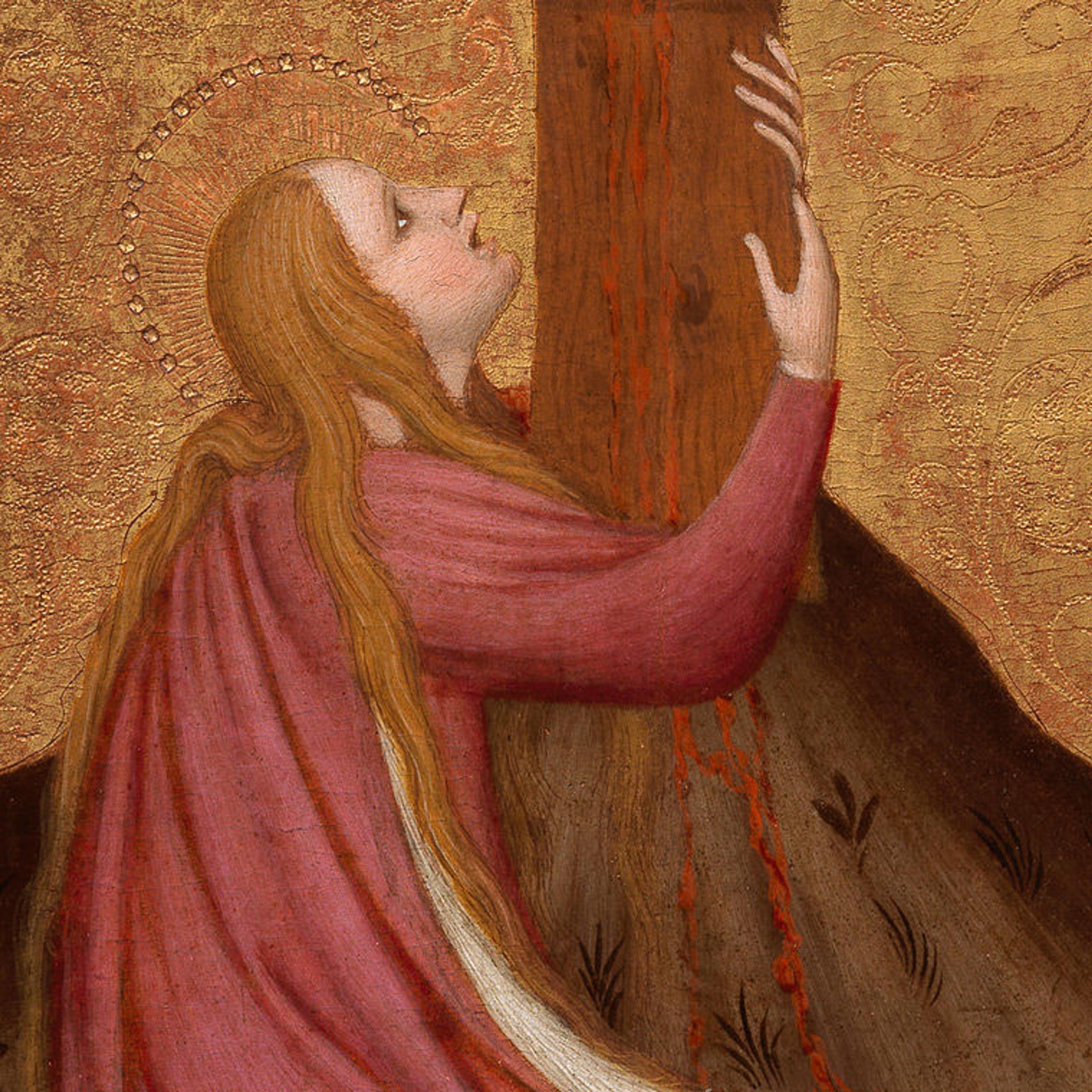 Detail view of Mary Magadalene weeping at the base of the cross, which is streaked in bright red blood