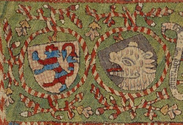 Embroidered hanging (detail), late 14th century. Made in probably Hildesheim, Lower Saxony, Germany. German. Silk on linen, painted inscriptions; 63 x 62 1/2 in. (160 x 158.8 cm). The Metropolitan Museum of Art, New York, Gift of Mrs. W. Murray Crane, 1969 (69.106).