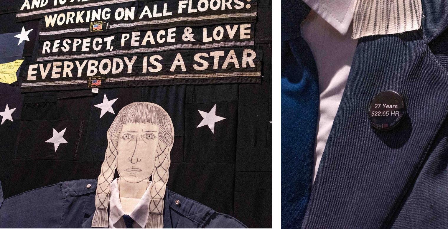 Composite image of a security guard woman and a pin that says 27 years, 22.65 dollars per hour