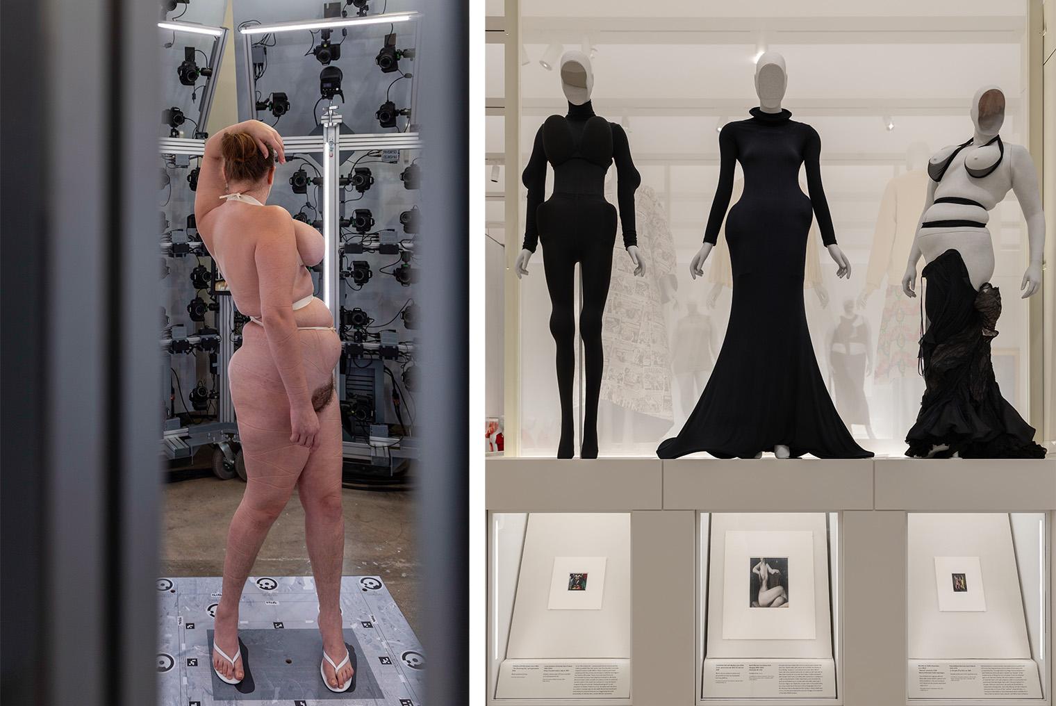 Fashion exhibit: a woman in a nude-toned bodysuit stands beside mannequins in black and white designs, with framed sketches below.