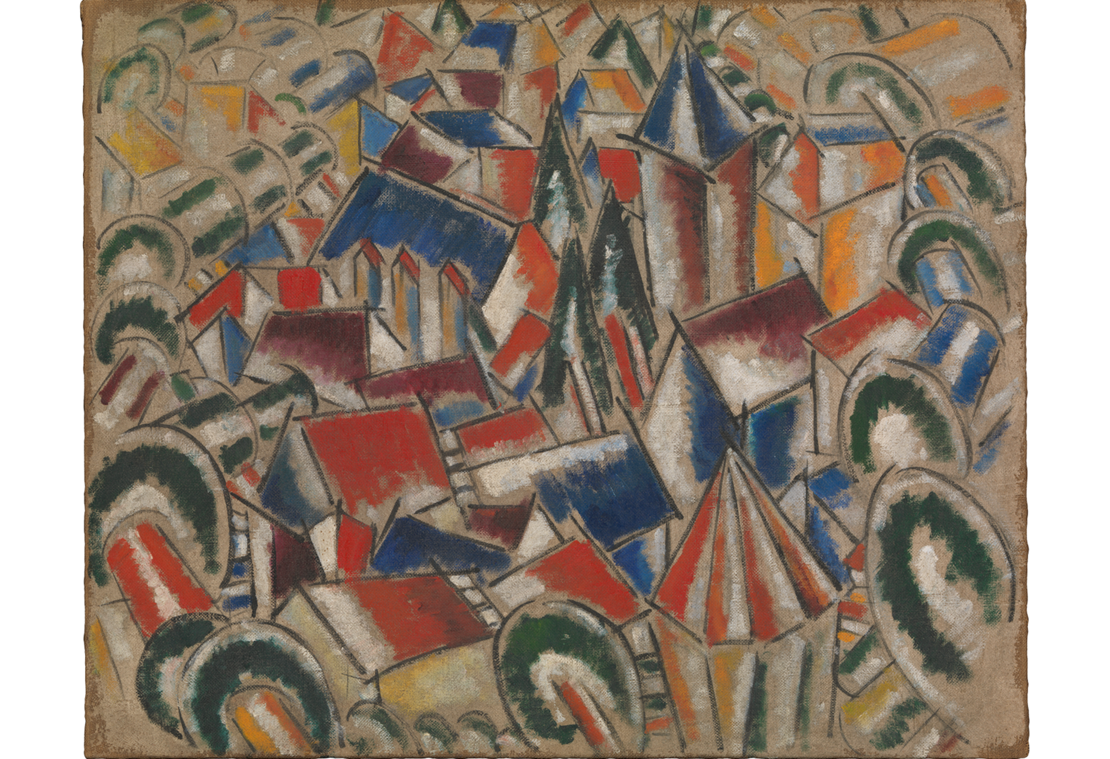 Oil painting of a village of cones, cylinders and cubes with mostly blue, white, and red shapes in the center and more green and yellow shapes on the outskirts