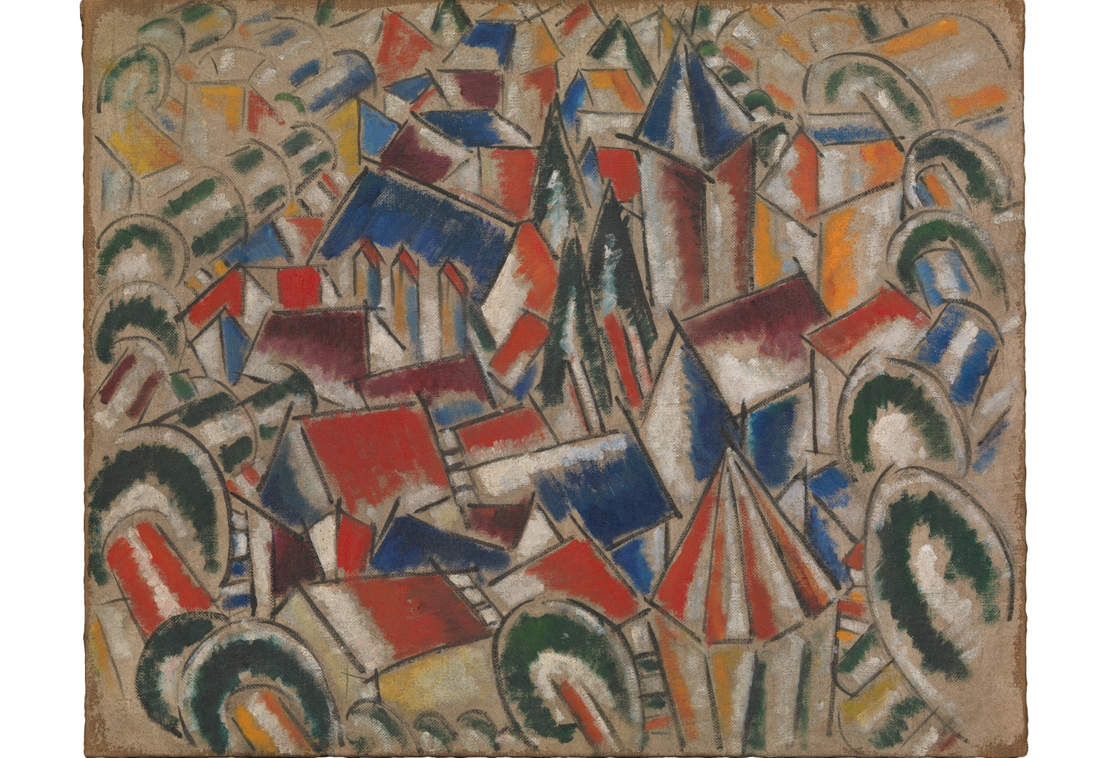 Oil painting of a village of cones, cylinders and cubes with mostly blue, white, and red shapes in the center and more green and yellow shapes on the outskirts