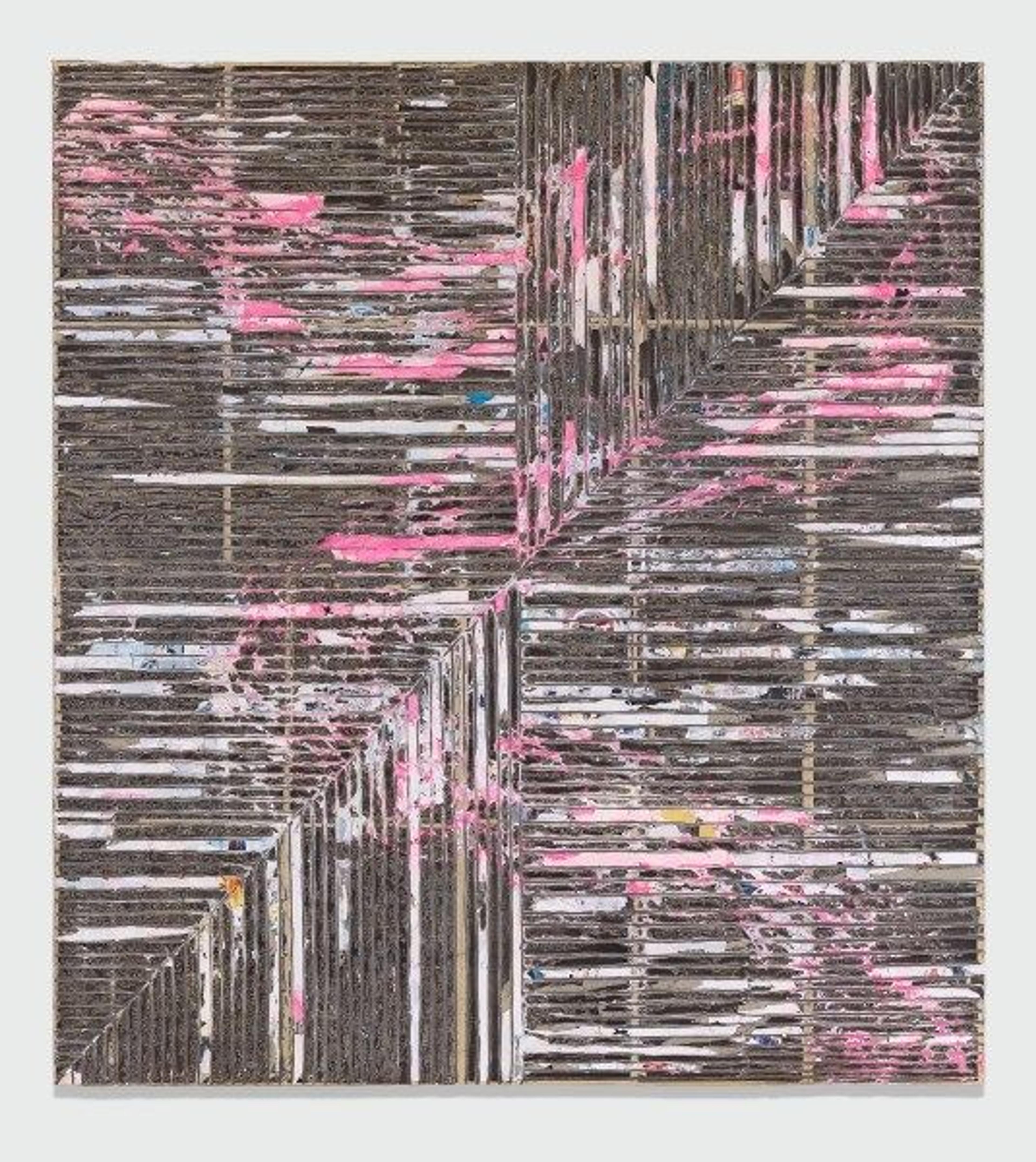 An abstract mixed media collage made up of mostly grey, white, and pink