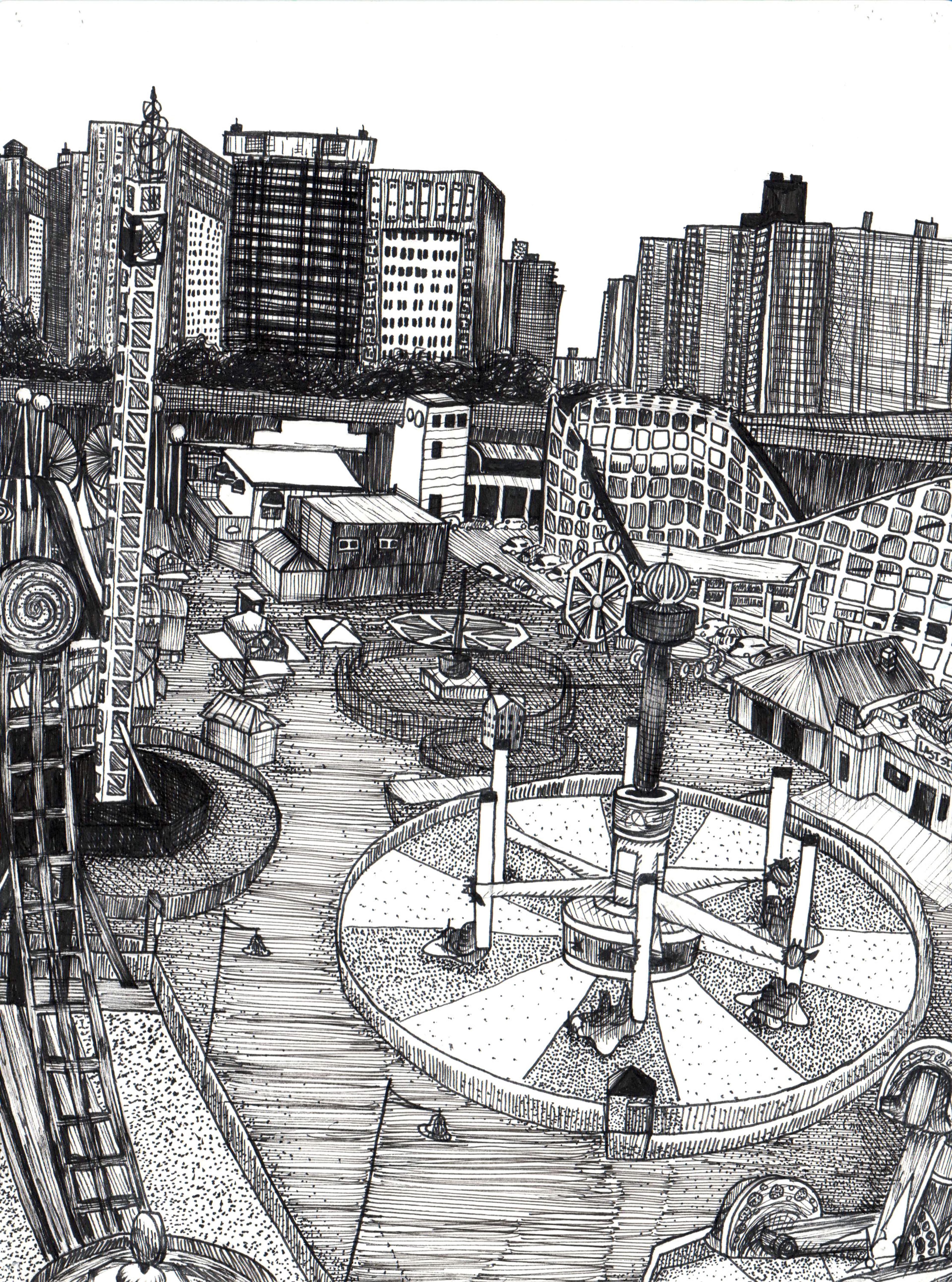 Pen-and-ink drawing of an overhead view of the Coney Island amusement park. Various rides and concession booths are shown in the foreground, with the wooden Cyclone roller coaster appearing prominently in the background to the right. A skyline of high rise apartment buildings fills the horizon in the distance.