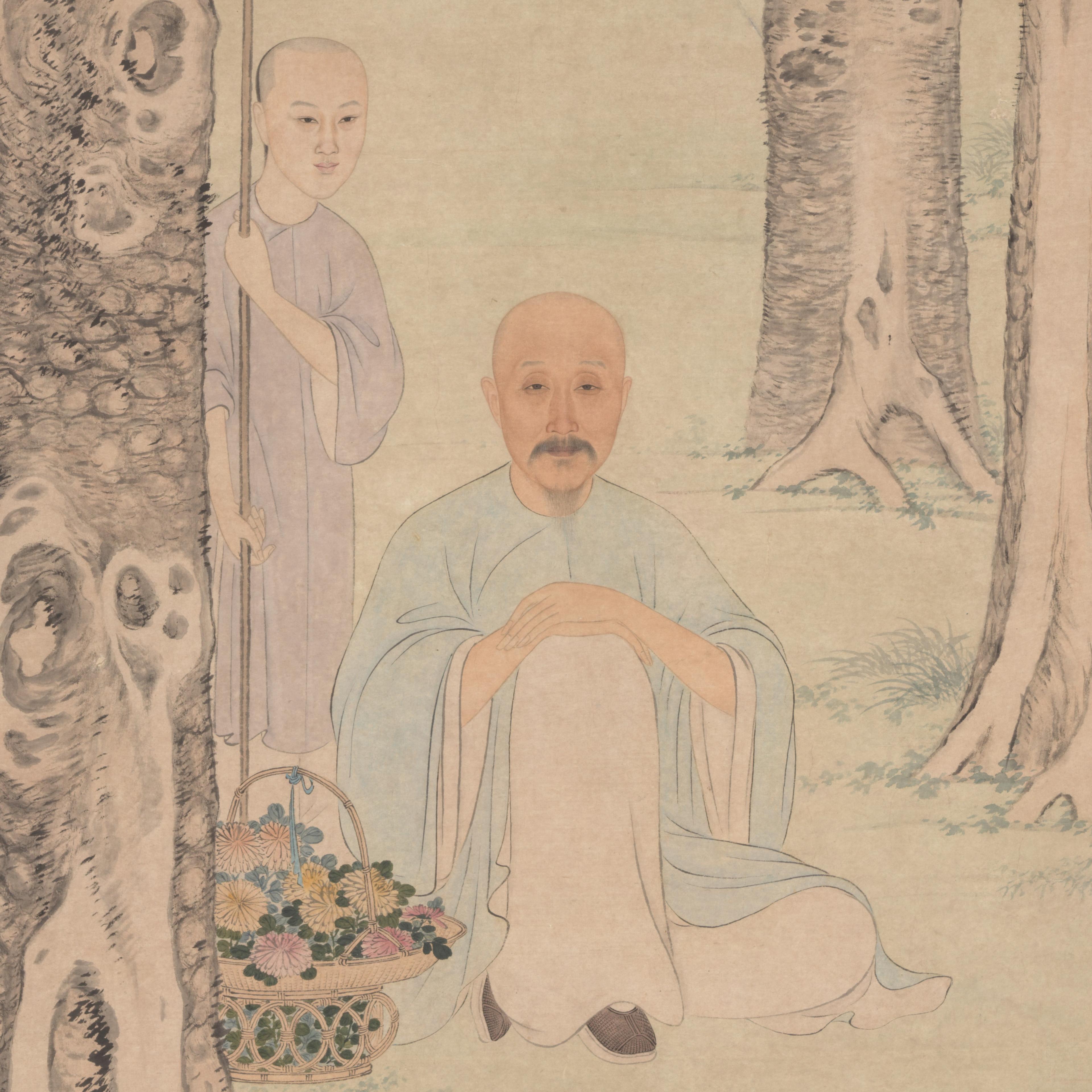 Drawing of a man, sitting in the middle of the forest with a woman watching from behind.
