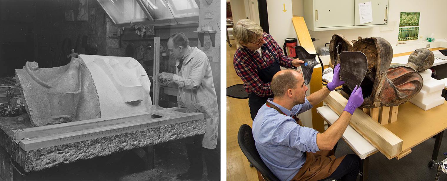 Left: A conservator using a large machine to create a plaster mold of an object. Right: Two conservators test-fitting newly fabricated elements of a carbon fiber internal support.