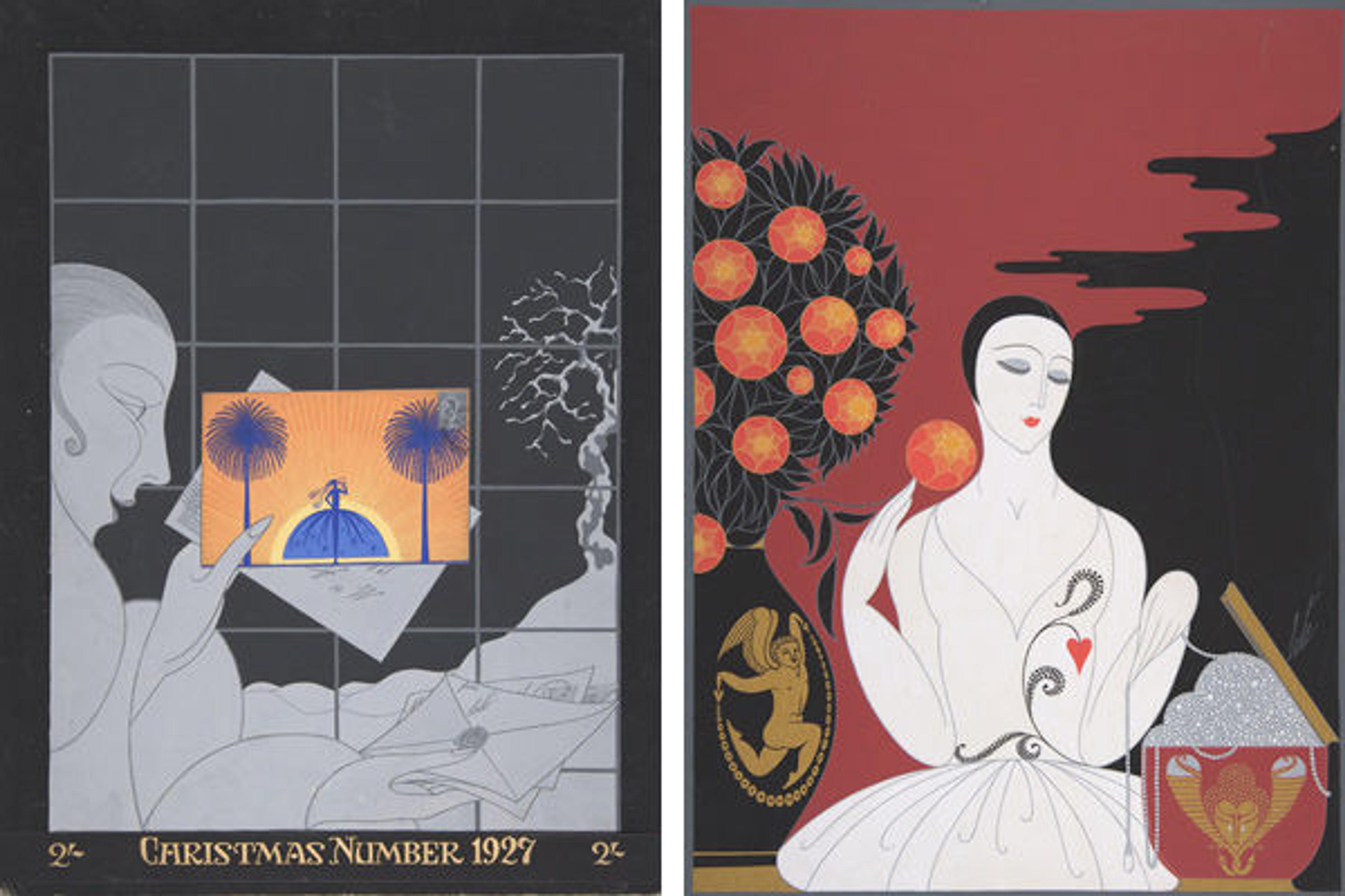 Left: Fig. 2. Erté (Romain de Tirtoff) (French [born Russia], 1892–1990). "Riviera": Cover Design for Harper's Bazar, 1925 or Christmas 1927. Gouache on cardboard; 15 3/4 x 11 3/4 in. (40 x 29.9 cm). The Metropolitan Museum of Art, New York, Purchase, The Martin Foundation Inc. Gift, 1967 (67.762.102). © 2015 Artists Rights Society (ARS) New York. Right: Fig. 3. Erté (Romain de Tirtoff) (French [born Russia], 1892–1990). "Mariage d'Amour . . . Mariage de Raison": Cover Design for Harper's Bazar, May 1927. Gouache on cardboard; 13 11/16 x 10 3/16 in. (34.8 x 25.9 cm). The Metropolitan Museum of Art, New York, Purchase, The Martin Foundation Inc. Gift, 1967 (67.762.99). © 2015 Artists Rights Society (ARS) New York