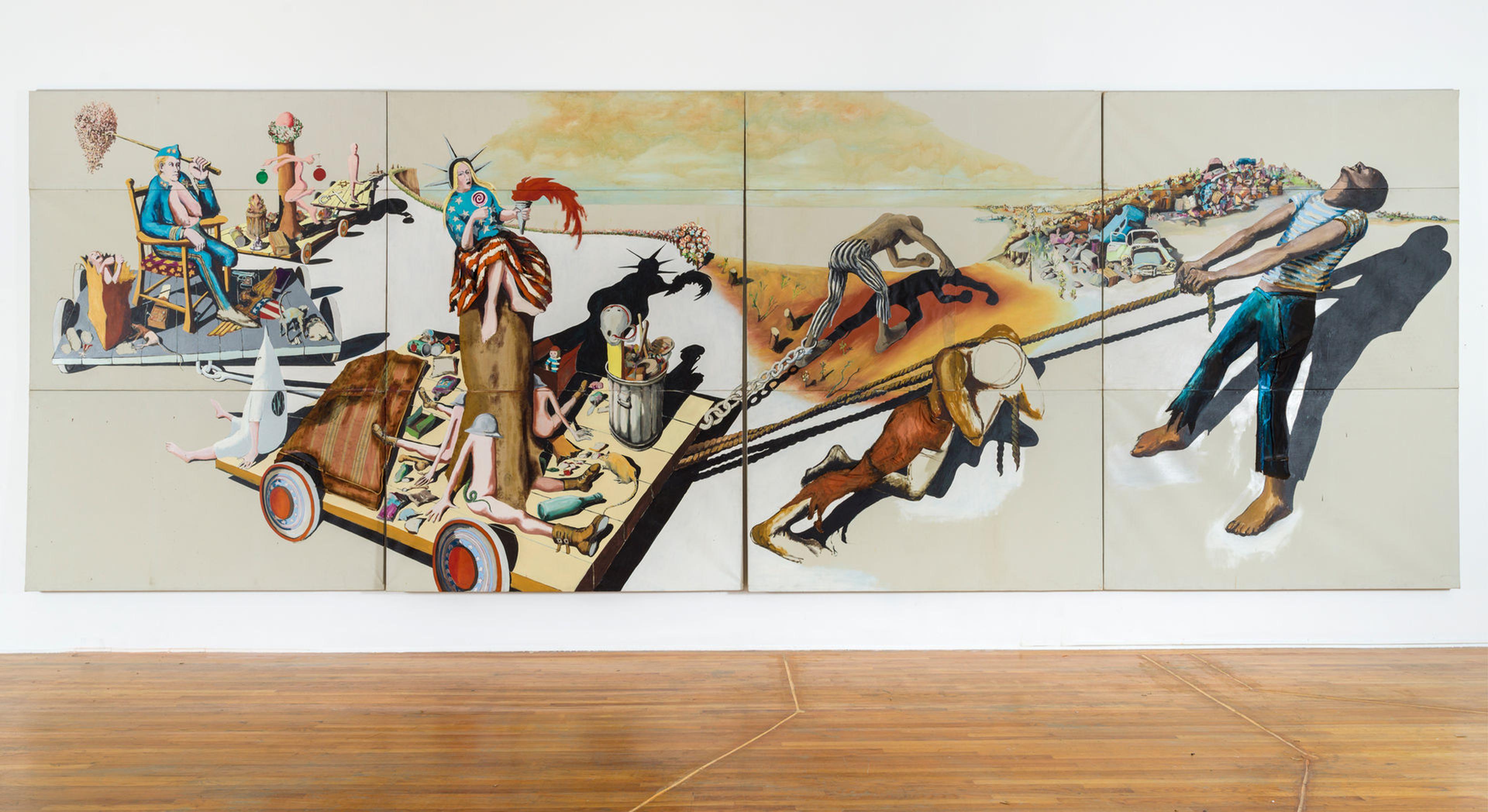 Benny Andrews, Trash (1971). Oil and mixed media collage on canvas. A very wide surrealist mural depicts American iconography such as the Statue of Liberty, the KKK, and a dump, with a black man towing these objects across the scene.