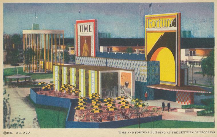 Colorful 1933 postcard featuring an image of the Time and Fortune Building in Chicago