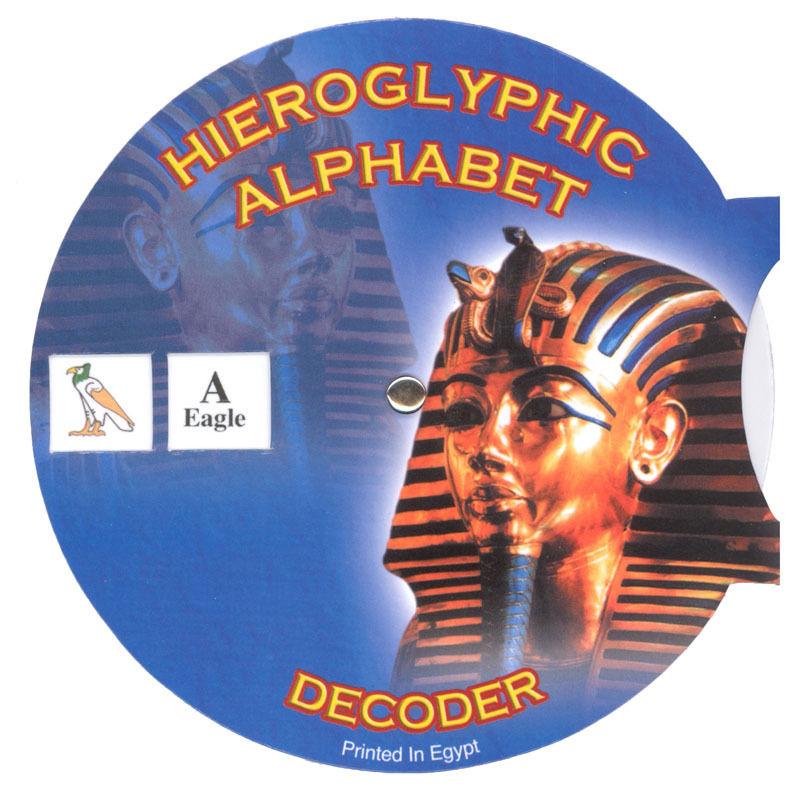 Circular graphic of statue against blue background with words "hieroglyphic alphabet encoder" on the image.