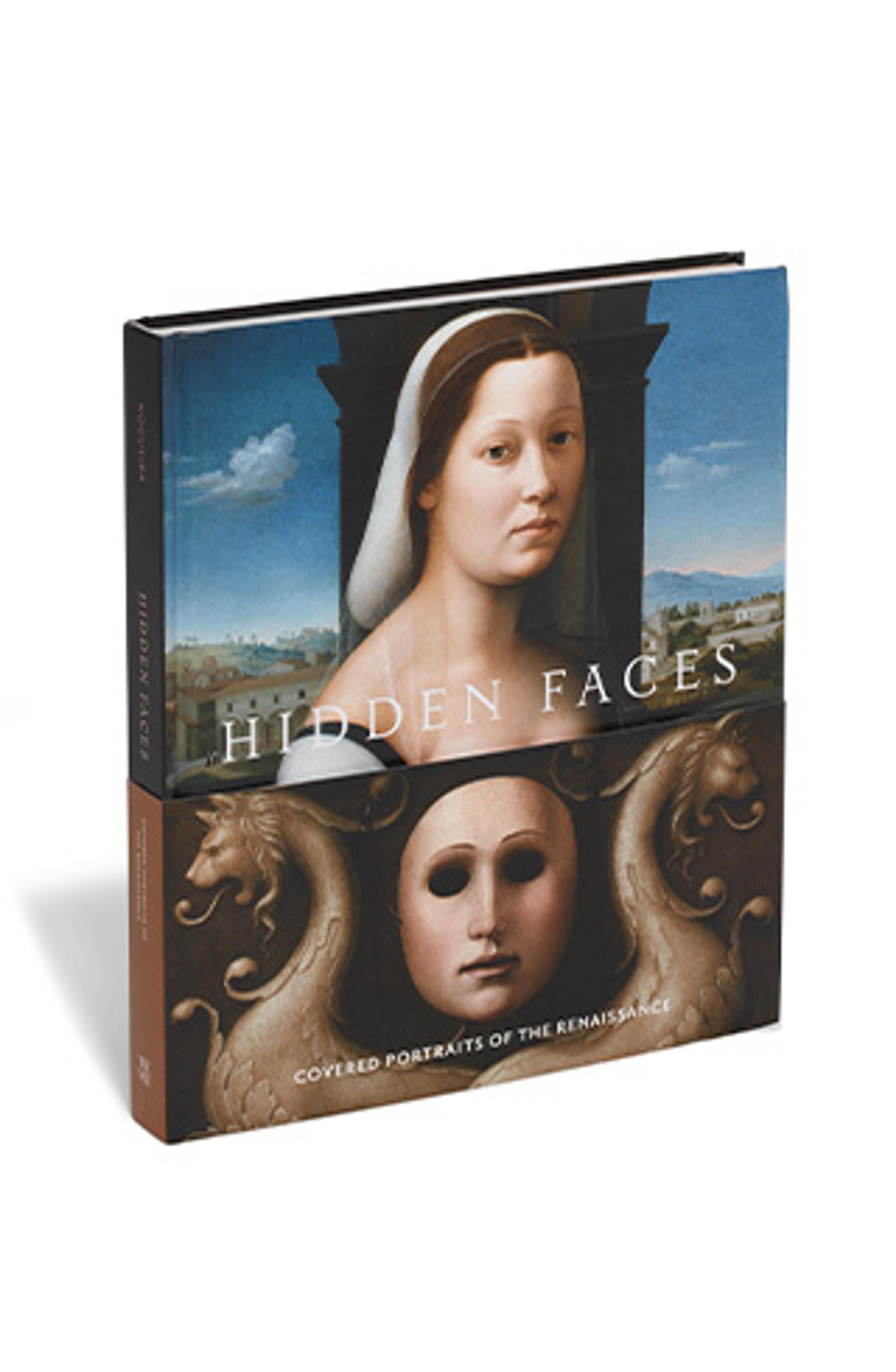 A book titled "hidden faces: coupled portraits of the renaissance" with a cover art merging two classic portraits, hinting at a rich exploration of transformative art from the renaissance period.