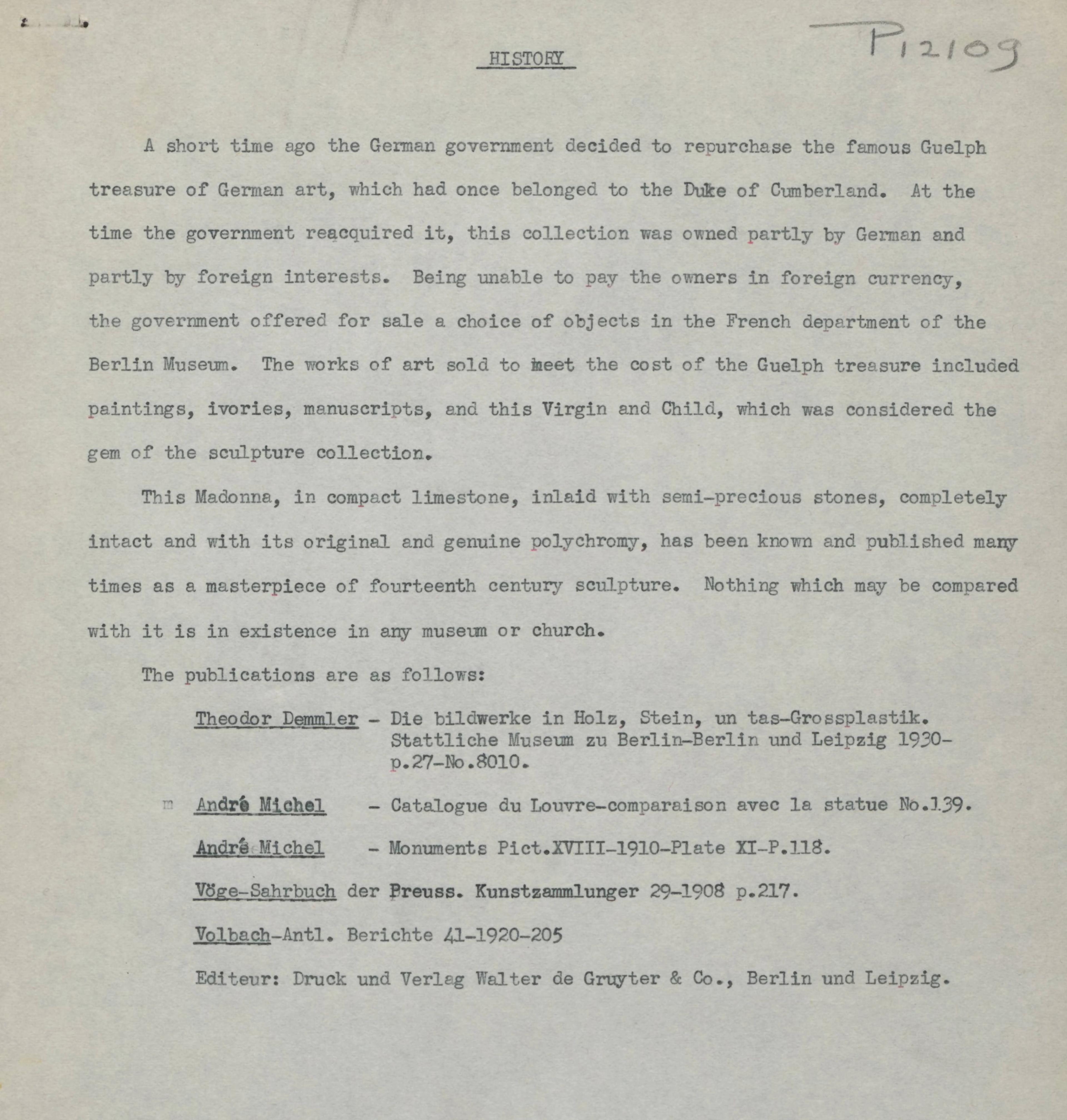 A typed page detailing the history of the Madonna statue and identifying related publications.