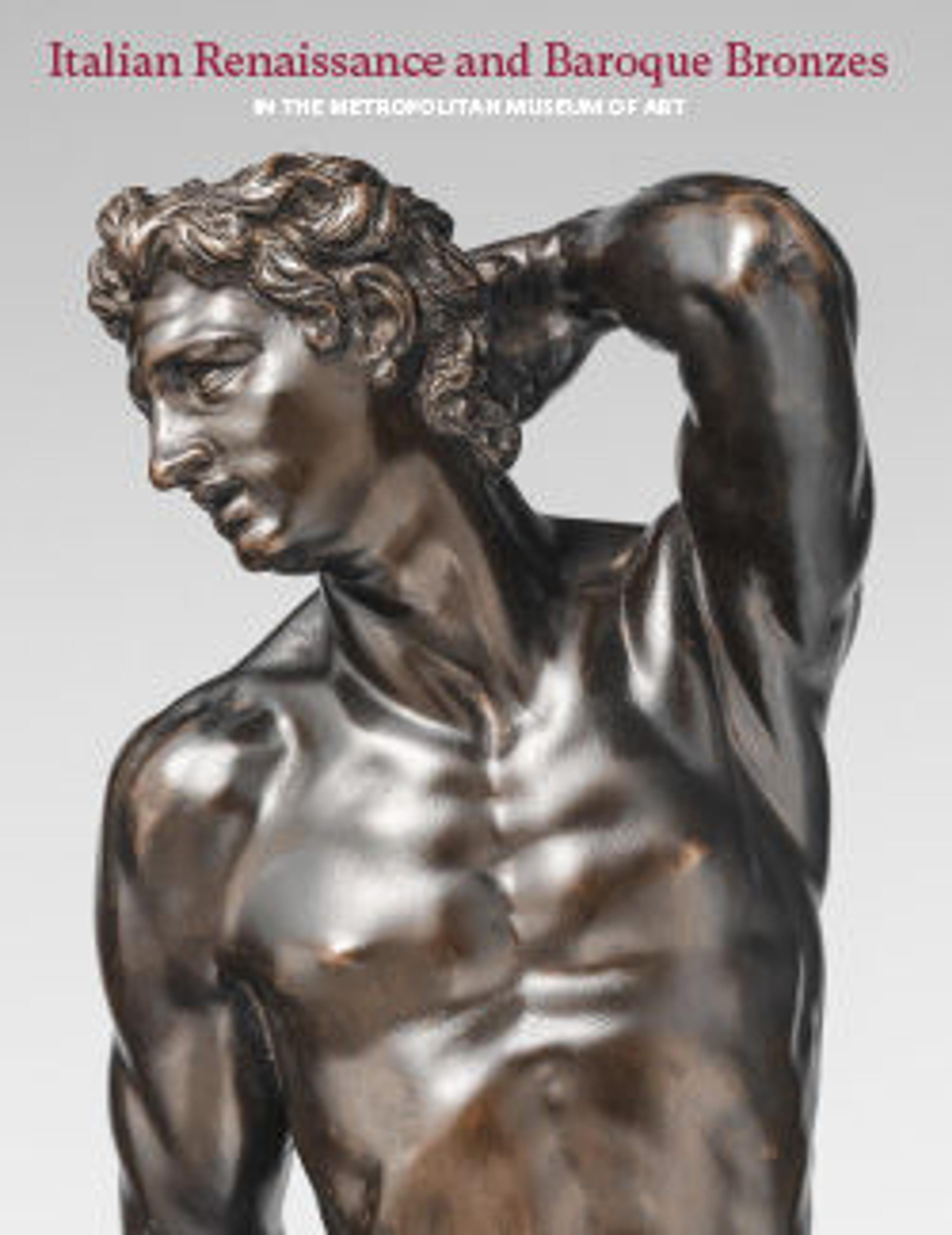 a bronze male figure facing to the viewer's left, with an expression of anguish and one arm raised and folded behind his head