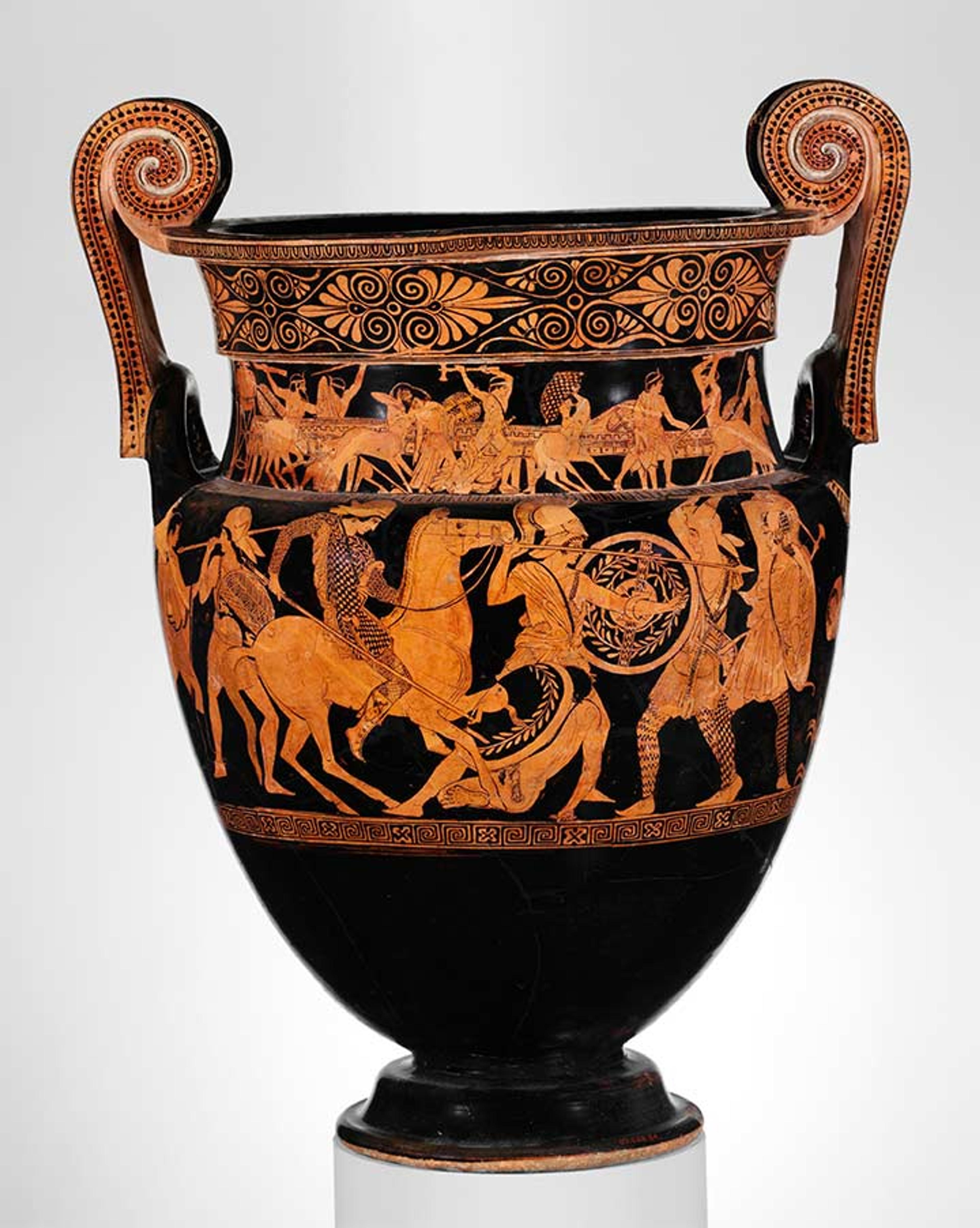 A black and dark orange terracotta vase showing a scene of people and horses.