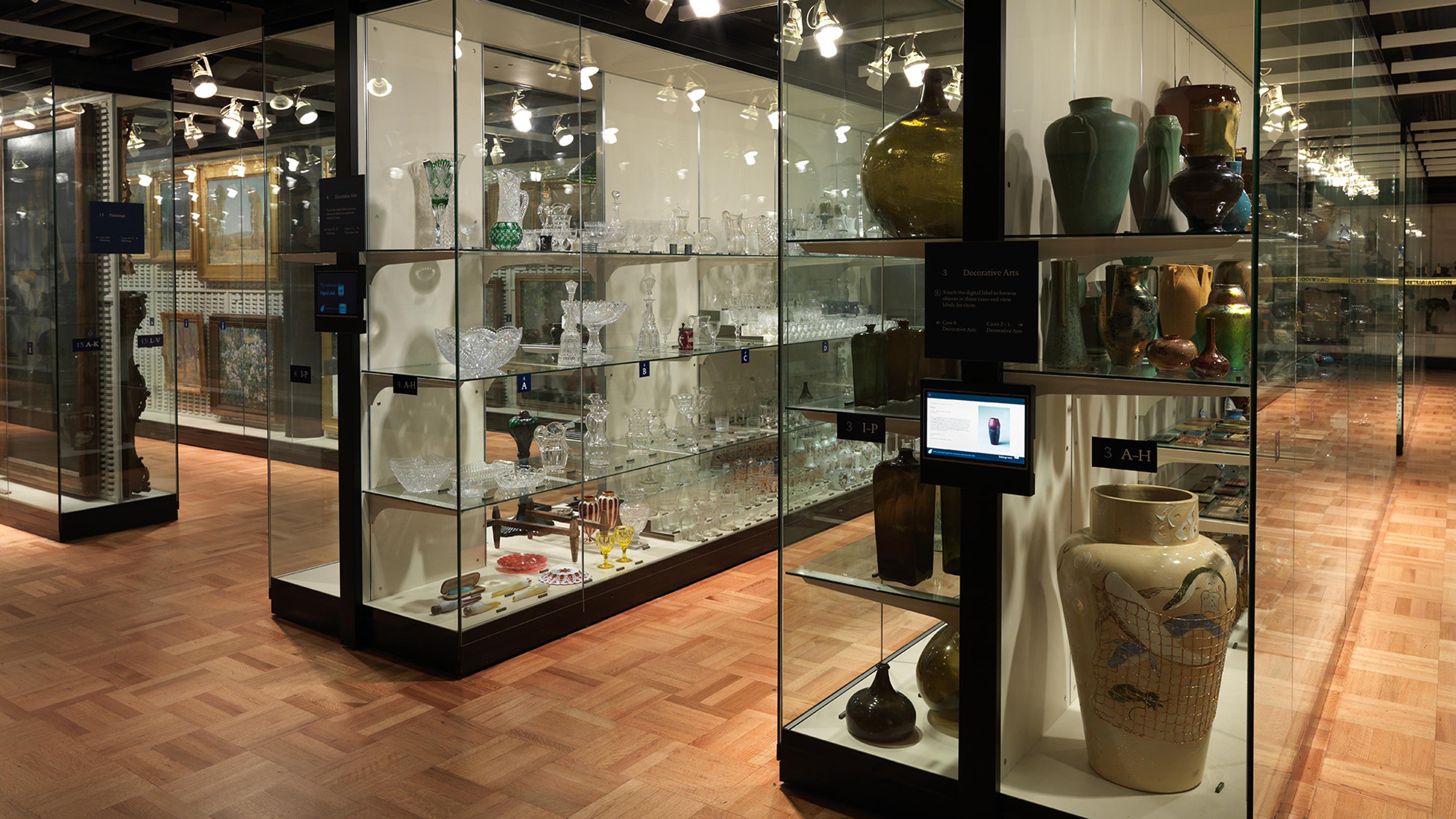 Tall glass display cases showing object storage for the American Wing.