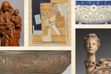 A collage of five artworks against a light parchment background