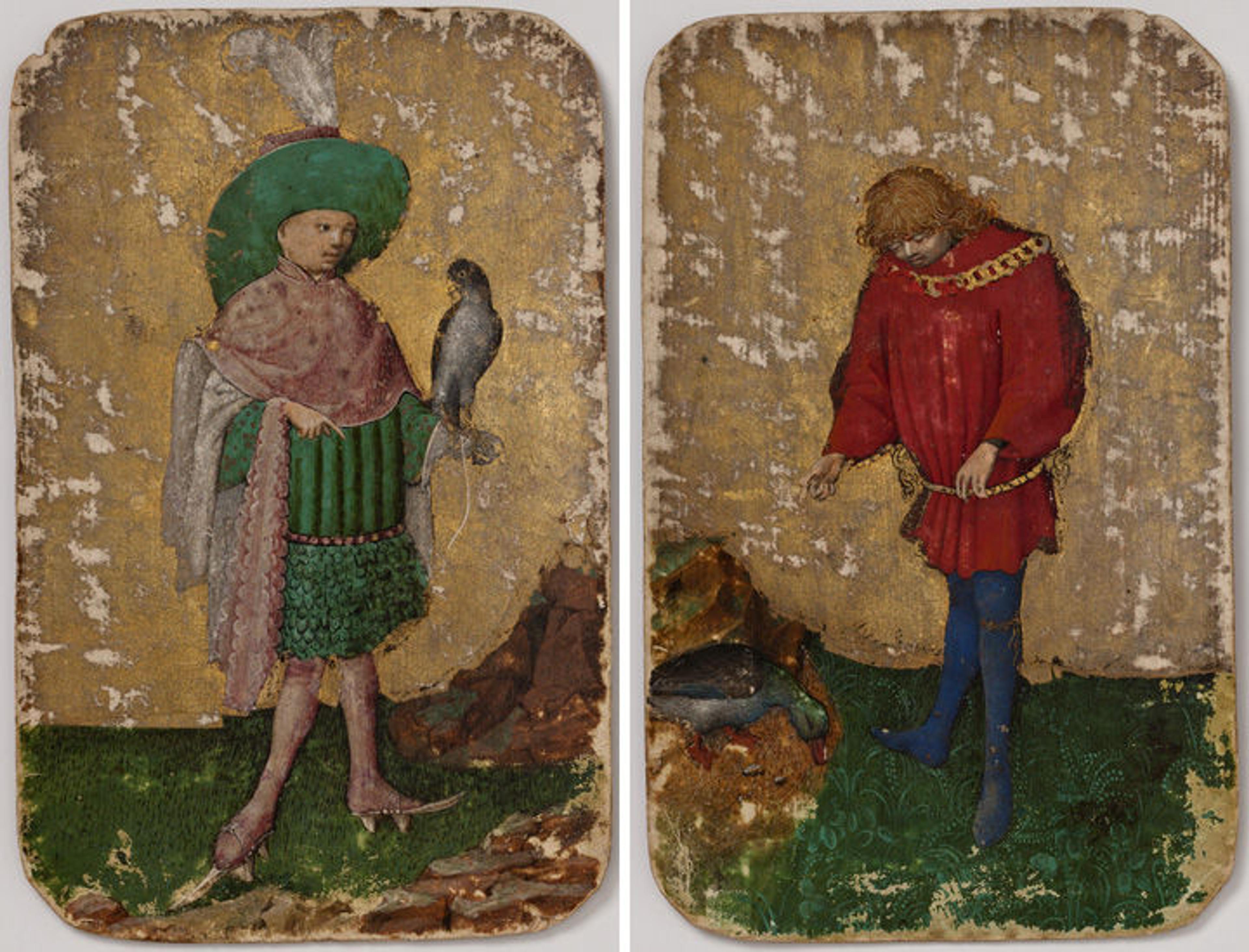 Upper Knave of Falcons, from The Stuttgart Playing Cards, ca. 1430. Made in Upper Rhineland, Germany. Paper (six layers in pasteboard) with gold ground and opaque paint over pen and ink; 7 1/2 x 4 3/4 in. (19.1 x 12.1 cm). Landesmuseum Württemberg, Stuttgart (KK grau 53) Under Knave of Ducks, from The Stuttgart Playing Cards, ca. 1430. Made in Upper Rhineland, Germany. Paper (six layers in pasteboard) with gold ground and opaque paint over pen and ink; 7 1/2 x 4 3/4 in. (19.1 x 12.1 cm). Landesmuseum Württemberg, Stuttgart (KK grau 42)