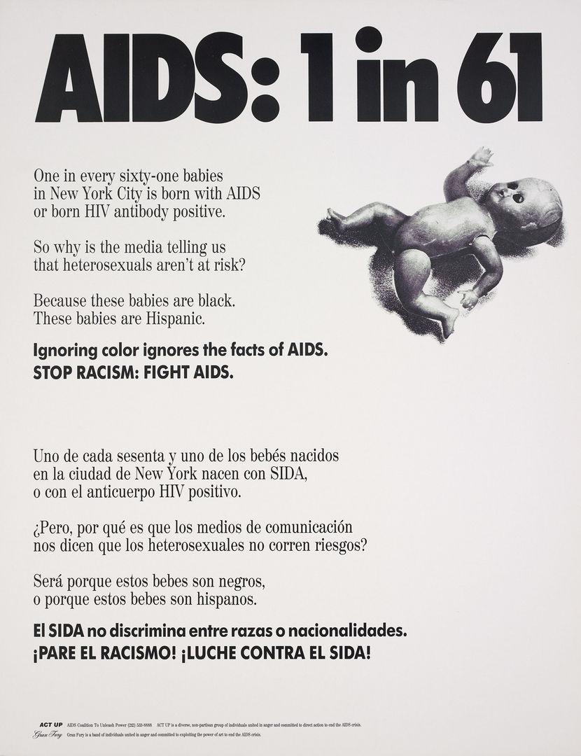 Black-and-white poster with a bold statistic about AIDS, an image of a baby doll, and accompanying text about HIV/AIDS in babies.
