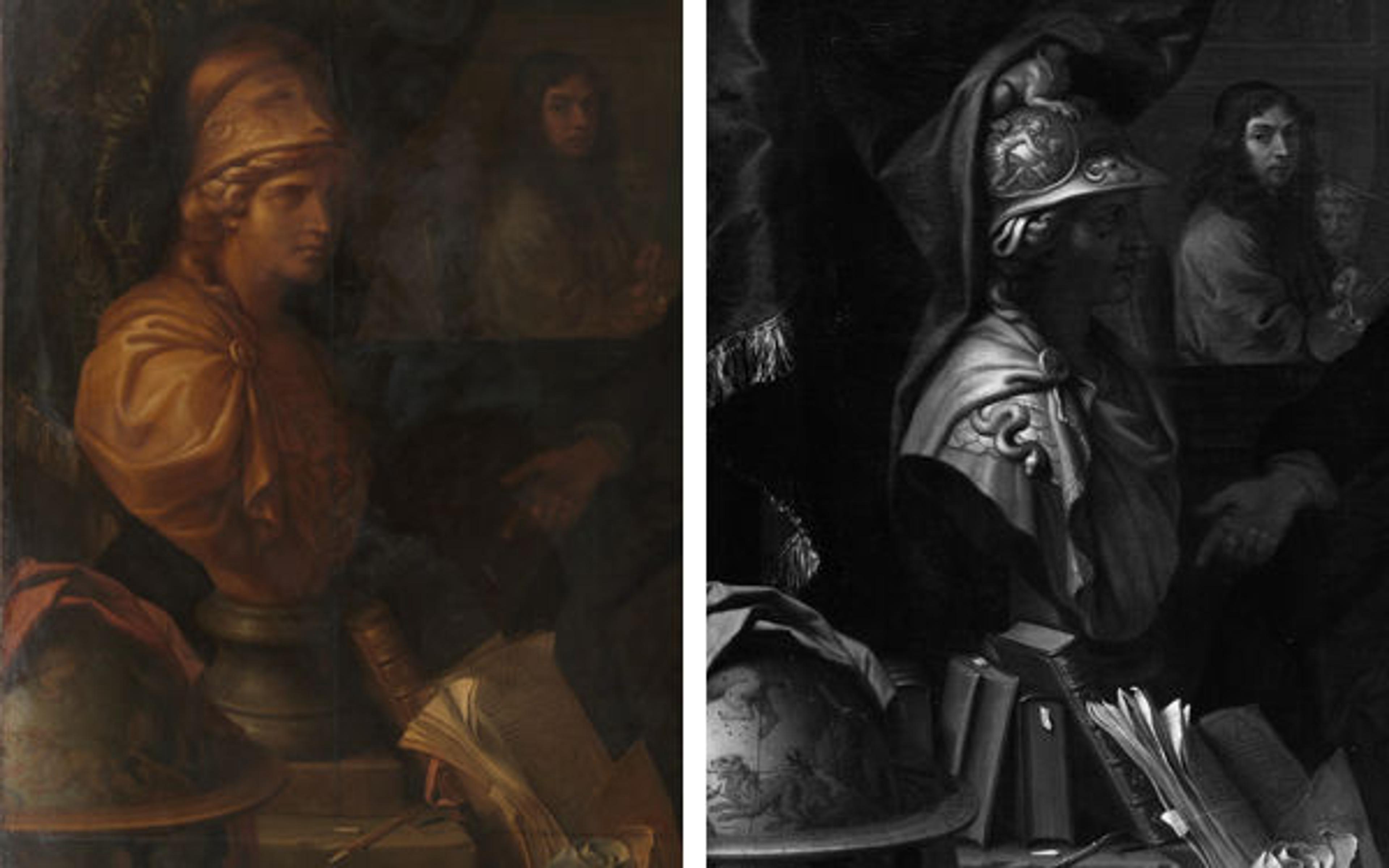 Composite of the bust of Minerva and still lifes in both works