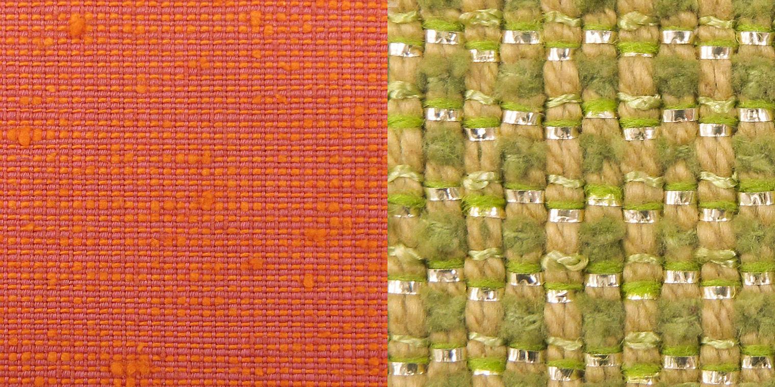 At left, a tightly woven basketweave fabric with wefts alternating between orange yarns with slubs and red yarns that are mostly hidden by narrow pink warps. At right, a chunkier fabric with wide beige warp yarns woven in pairs and many types of wefts: fuzzy sage green chenille, smooth pale green twists, thin pea green wool yarns, and gold metal strips.