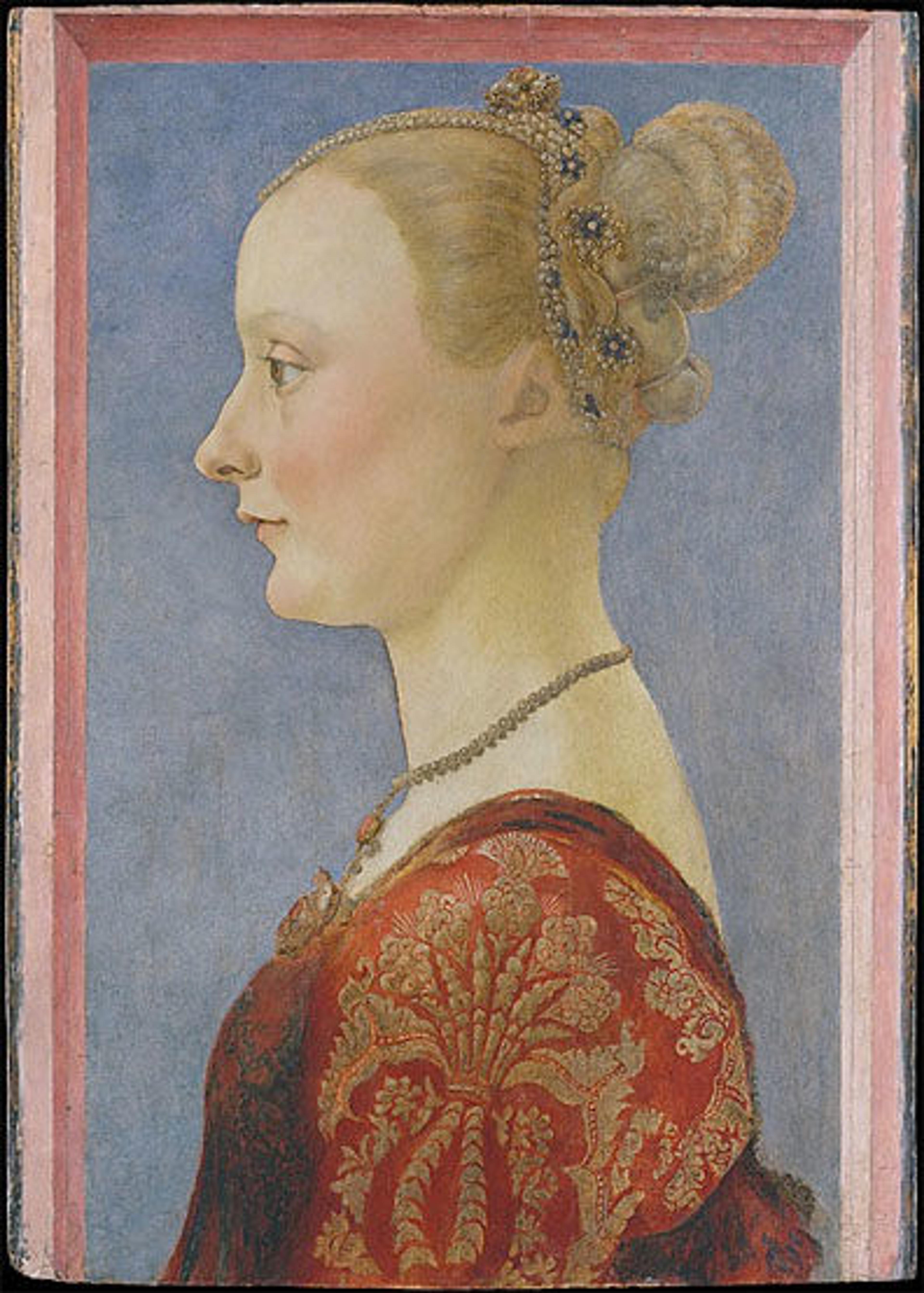 Profile painting of a white women with blond hair and a red dress.