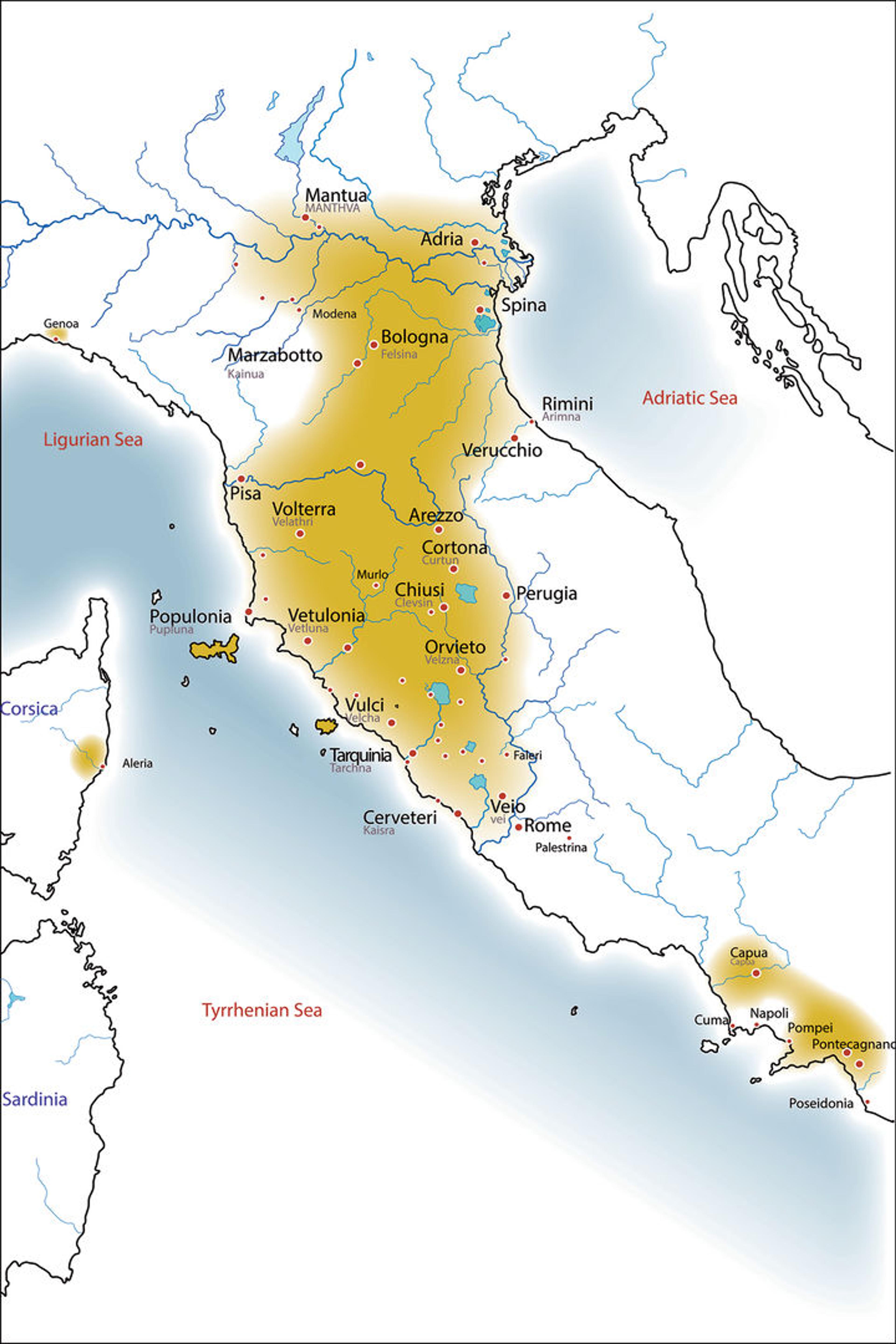 Detail map of central Italy with gold shading to delineate Etruscan territory. The shaded areas extend from Rome in the south northward to Mantua, with additional pockets around Napoli, Genoa, and on the island of Corsica.