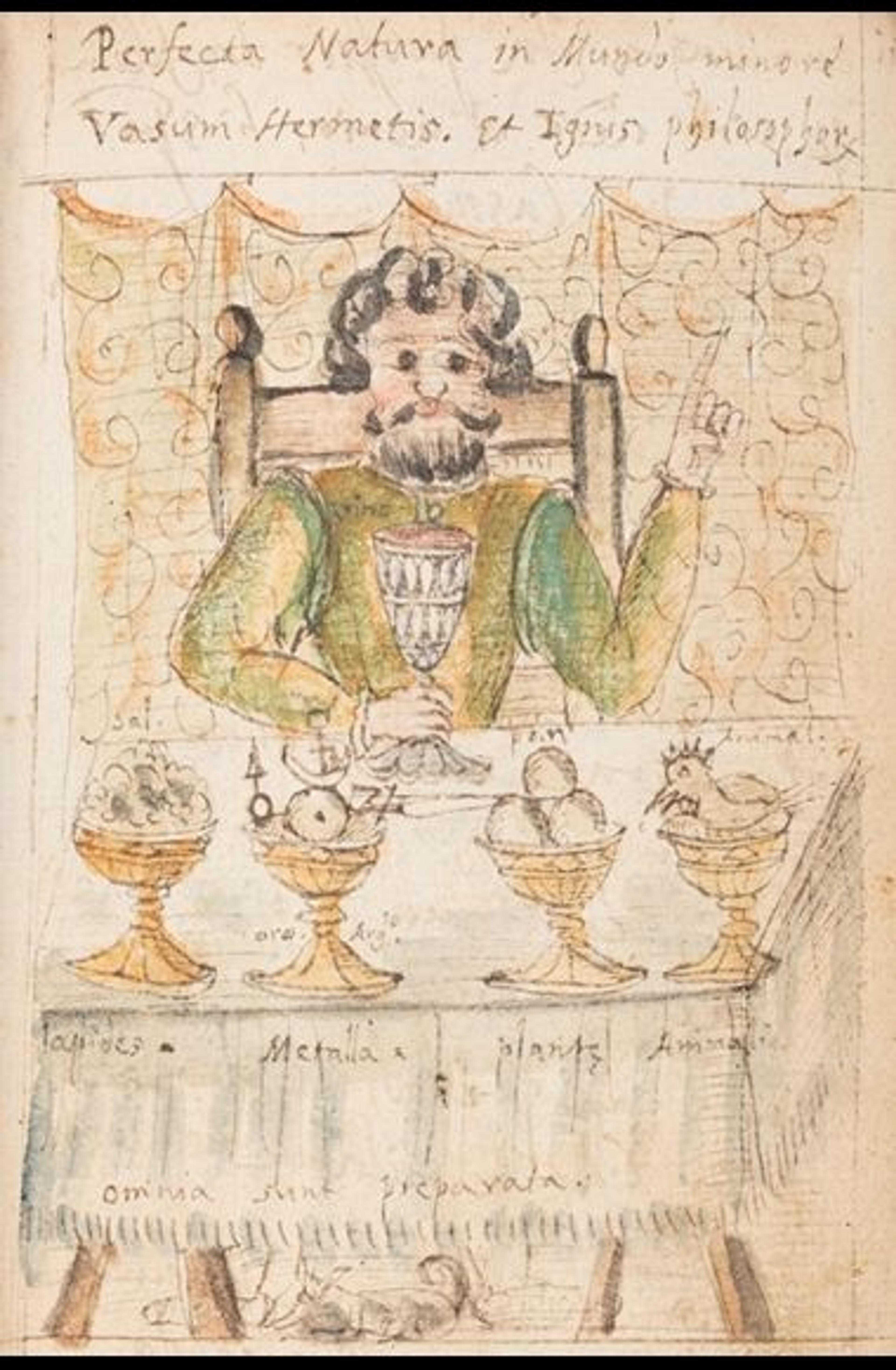 A hand drawn illustration of a man sitting at a table holding a goblet