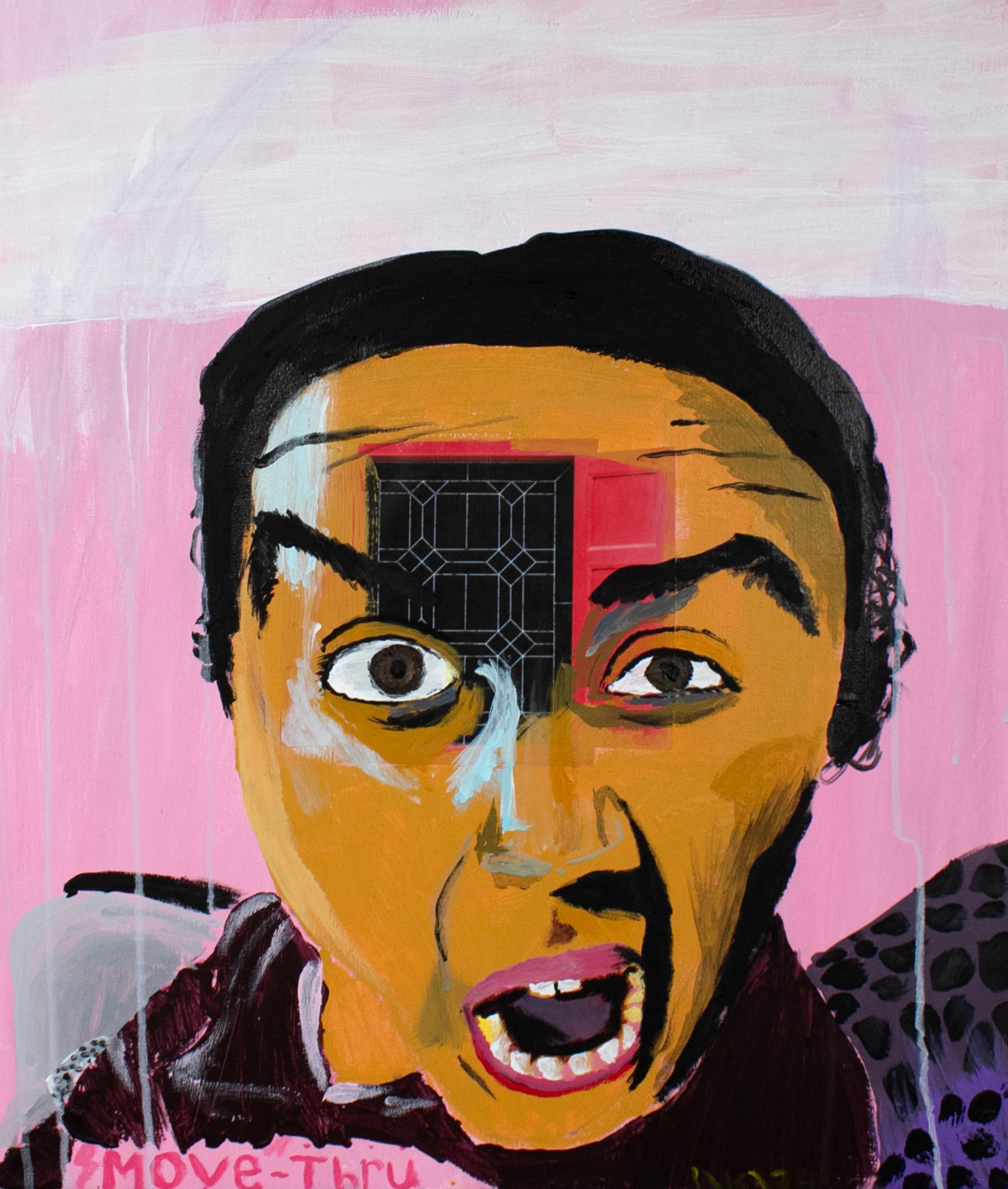 Acrylic paint–and-collage portrait of an adolescent girl facing the viewer. She has black hair and thick, raised black eyebrows. Her mouth is open wide with teeth showing, and her expression is surprised and confrontational. A black rectangular open doorway is on her forehead above her right eye, with a series of fine, white ornamental window lines adorning the black rectangle. A red wooden door opened to the right appears on her forehead next to the black doorway. At bottom left, MOVE-THRU is written in dark pink capital letters on a narrow, light pink background superimposed near the top of the girl's black shirt. Behind the girl to the right is a small patch of purple with black leopard spots. The background is mostly pink with a semitransparent white horizontal band painted at top behind the girl's head.